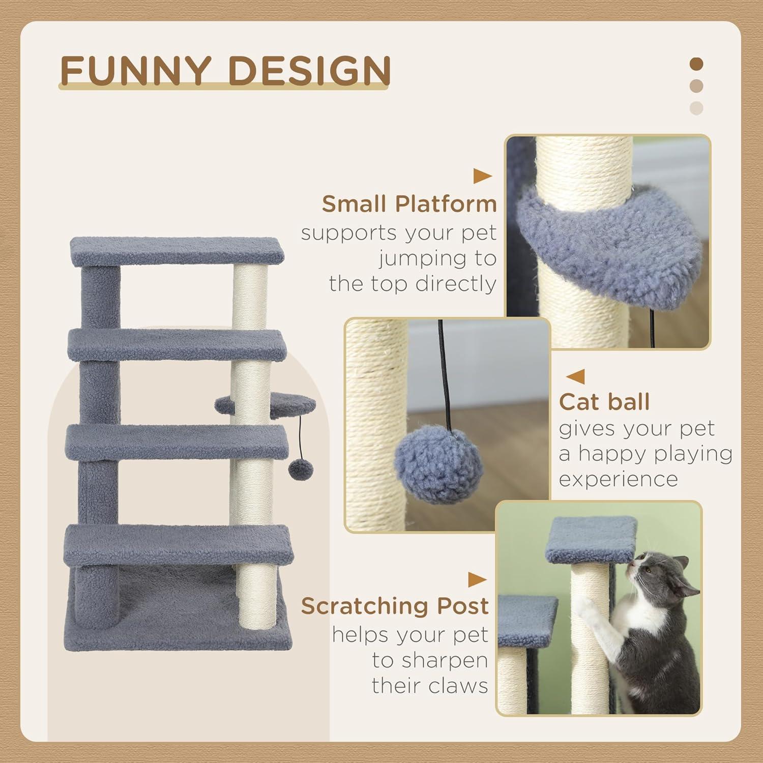 PawHut 4 Levels Cat Steps, Pet Stairs Carpeted Ladder, Kitten Tree Climber with Scratching Posts, Hanging Play Ball, Side Step, Gray