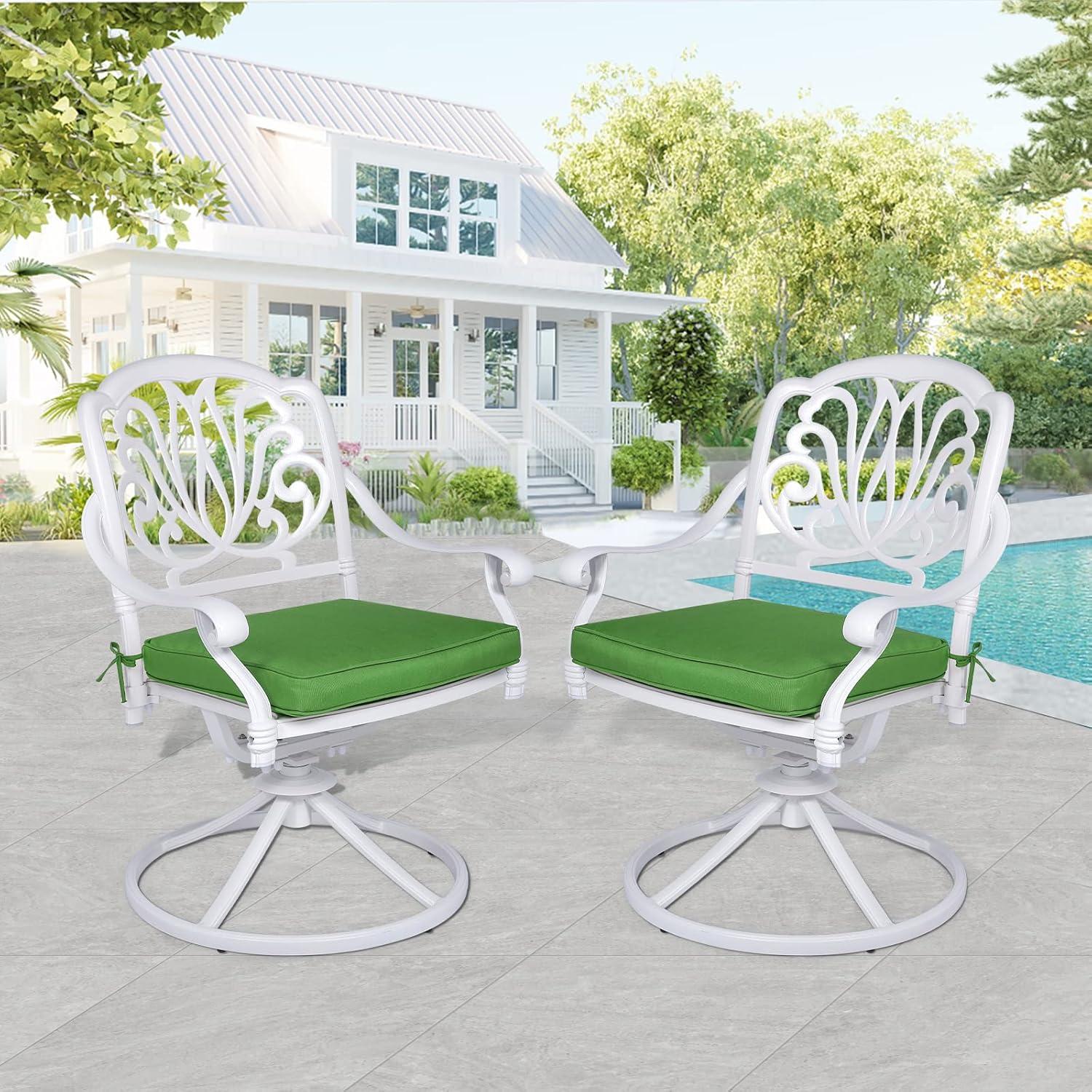 MEETWARM 2 Piece Patio Dinning Swivel Chairs Rocker, Outdoor All-Weather Cast Aluminum Chairs, Patio Bistro Dining Chair Set with Cushions for Garden Deck Backyard,White