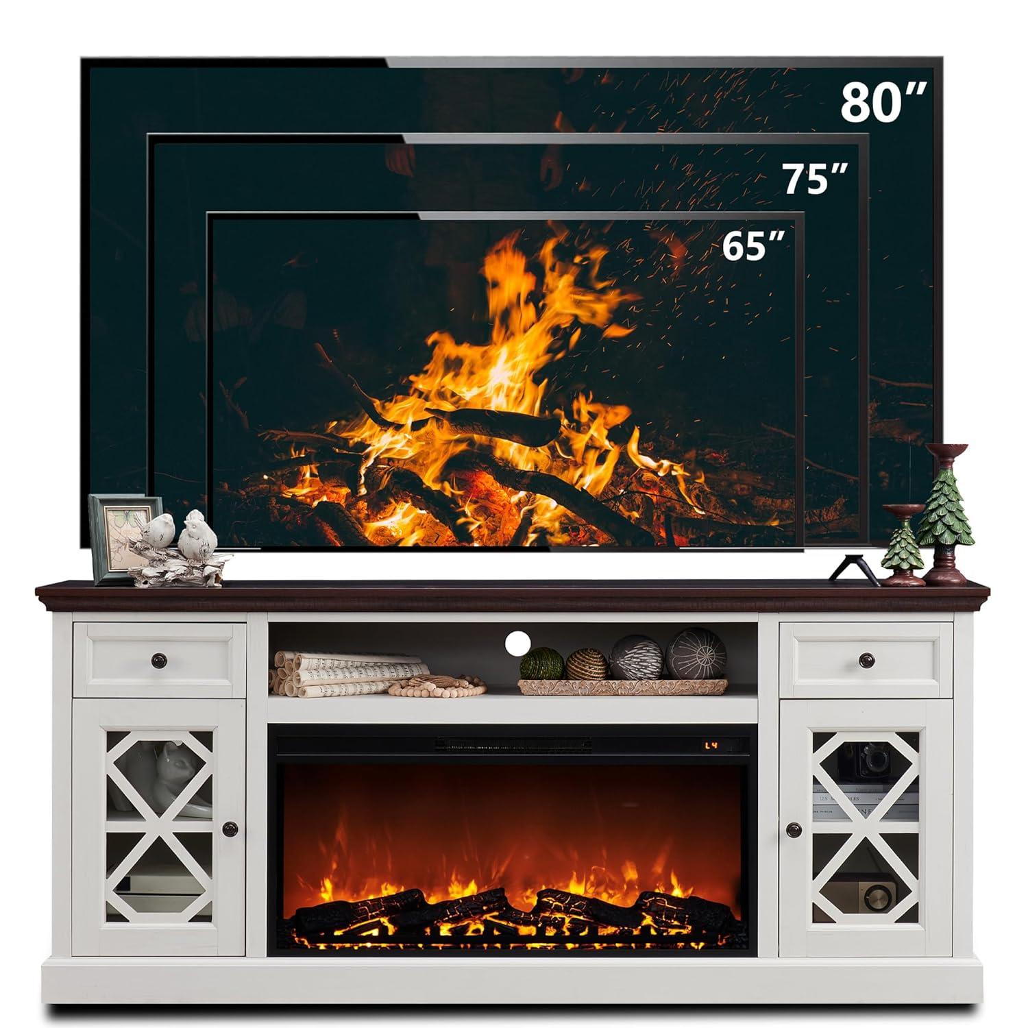 SinCiDo Farmhouse Fireplace TV Stand 75 Inch, Electric Fireplace TV Stand Up to 80 Inch TVs, Entertainment Center with Fireplace for Living Room