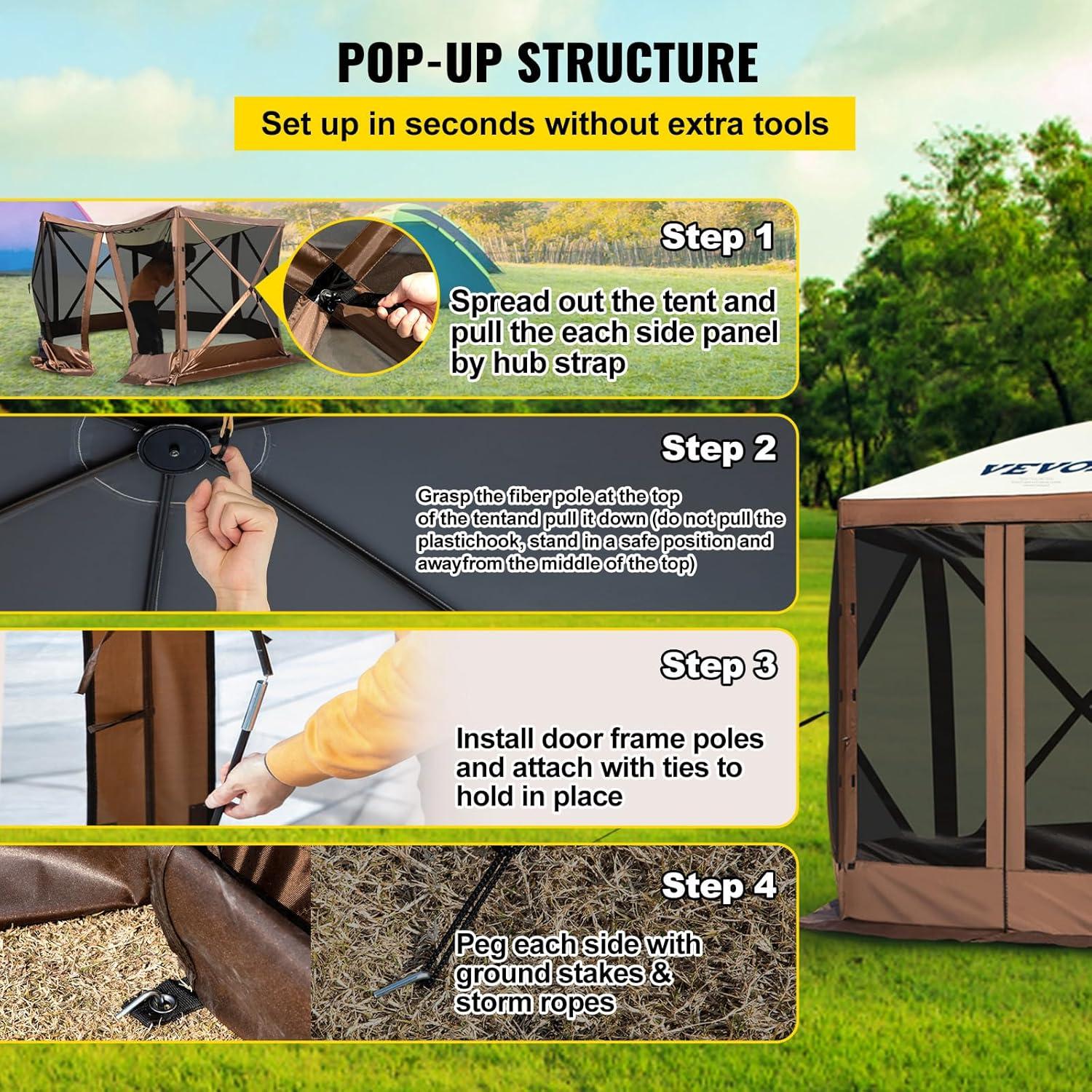 VEVOR Pop Up Gazebo Screen Tent 12 x 12 Ft, 6-Sided Camping Gazebo Instant Canopy Sun Shelter with 6 Removable Privacy Wind Cloths, Mosquito Netting, 300D Oxford Cloth for Patio, Backyard, Lawn