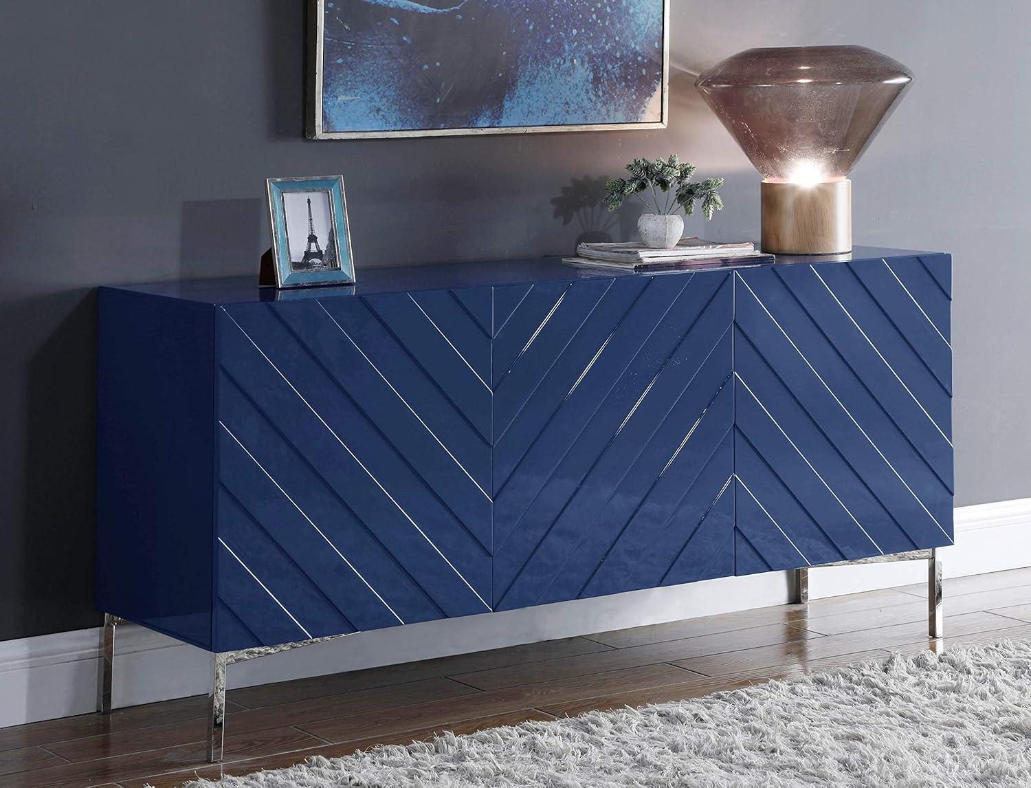 Collette Navy Lacquer and Chrome 64" Contemporary Sideboard Buffet