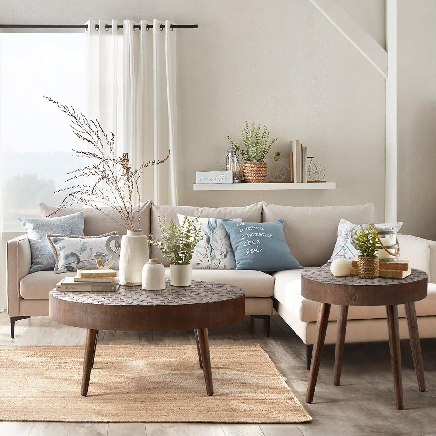 Brown Honeycomb Pattern Round Wood Nesting Coffee Table Set