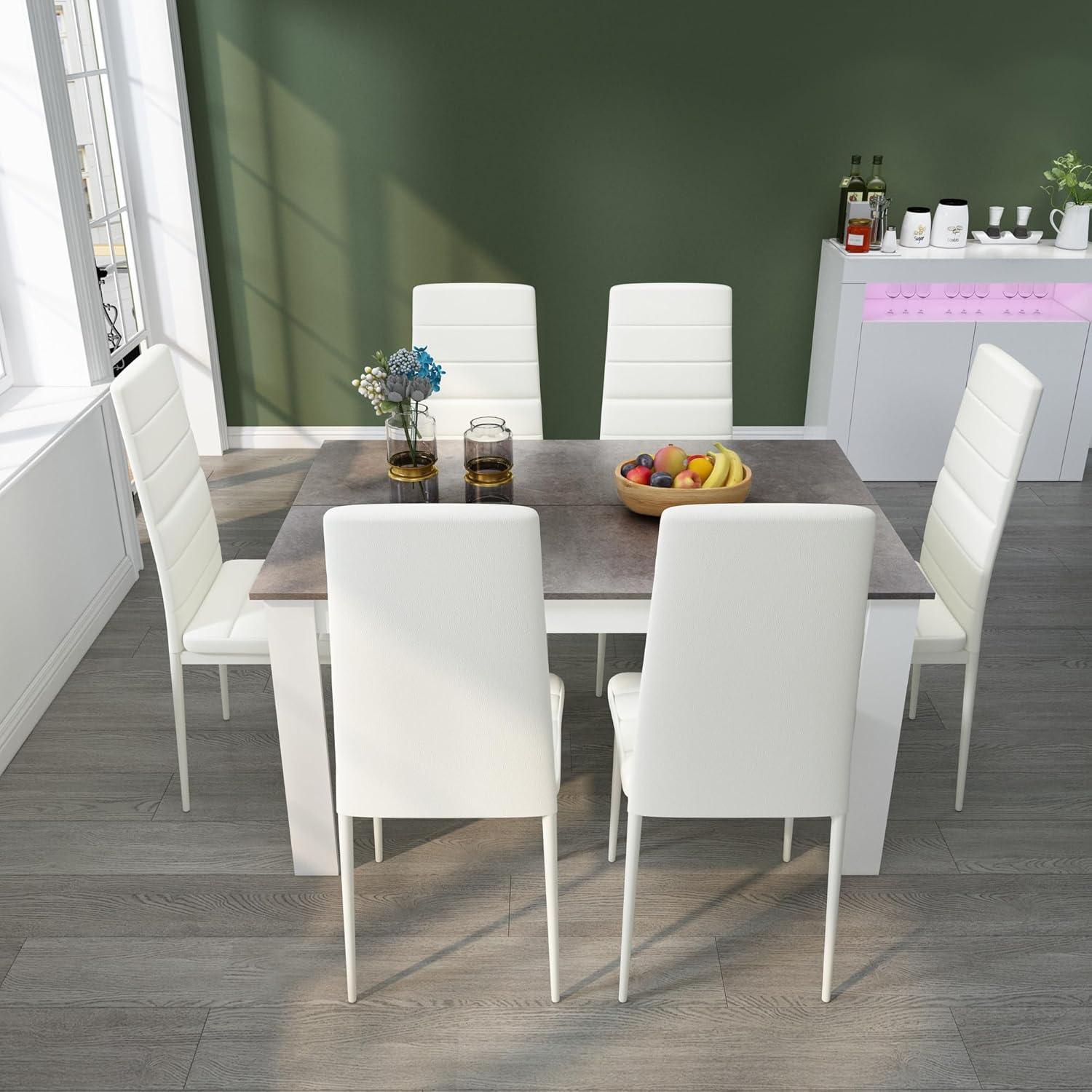 Gray Rectangular Dining Table with 6 White Faux Leather Chairs