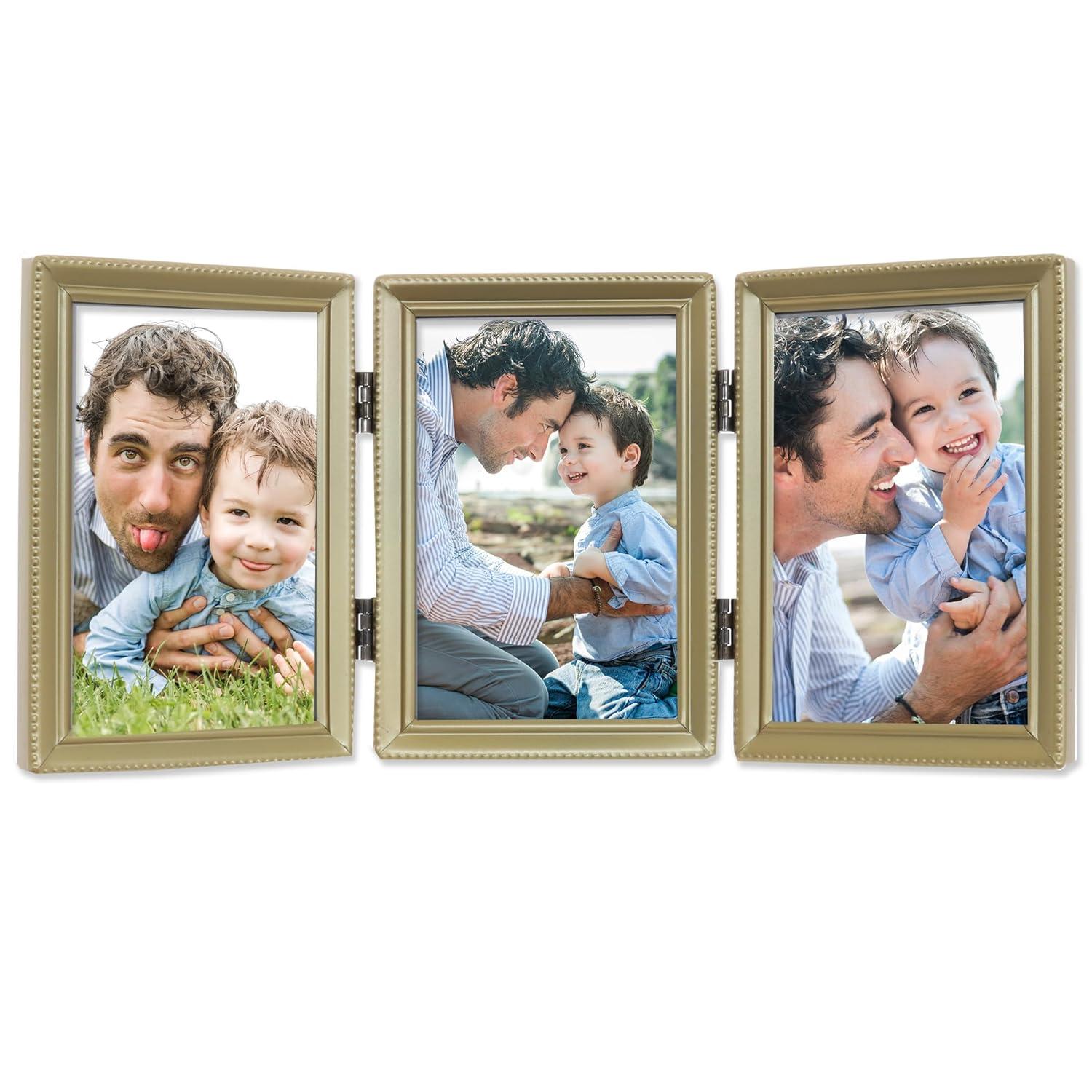 Antique Gold Bead 3.5x5 Hinged Triple Picture Frame