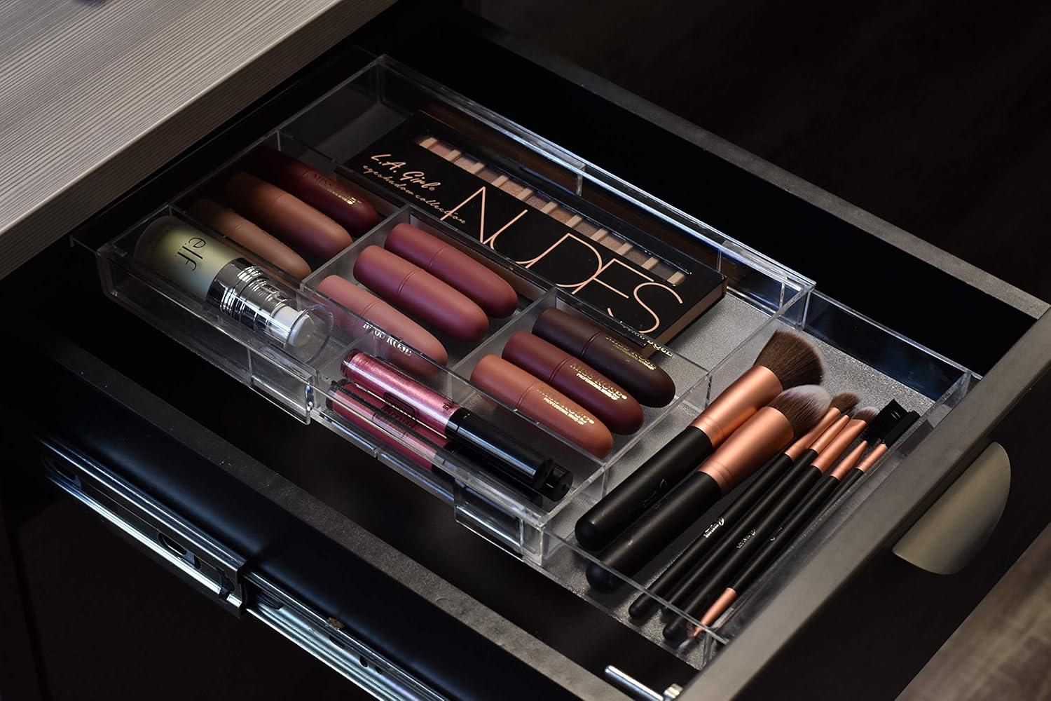 Masirs Expandable Drawer Organizer - Customizable Makeup Vanity Organizing Storage Tray for Bathroom, Bedroom & Desk Drawers - Clear Plastic Cosmetics Organizers with Expanding Compartment (Set of 2)