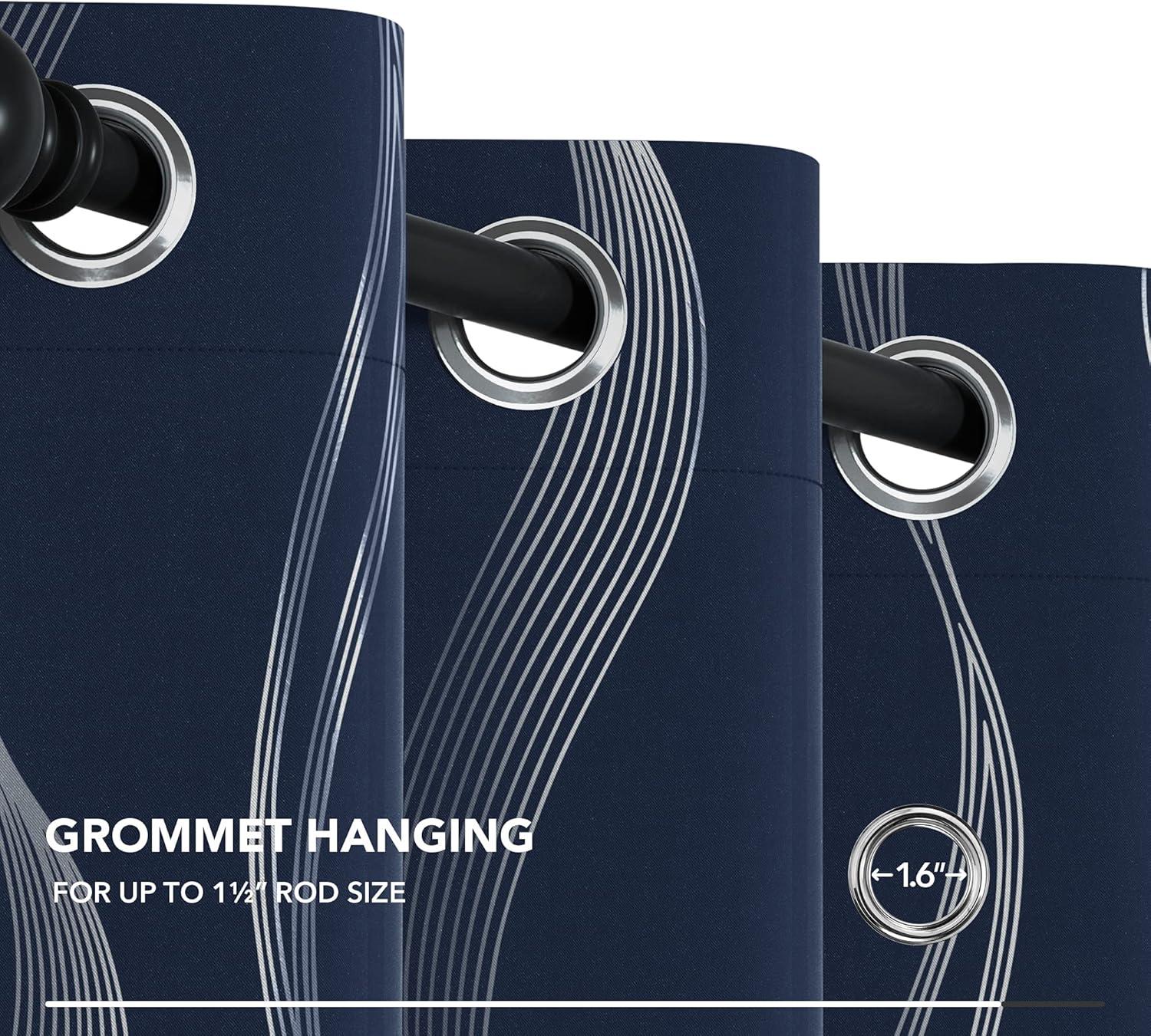 Deconovo Grommet Wave Line Foil Printed Thermal Insulated Blackout Curtains for Children 2 Panels 52x84 inch Navy Blue
