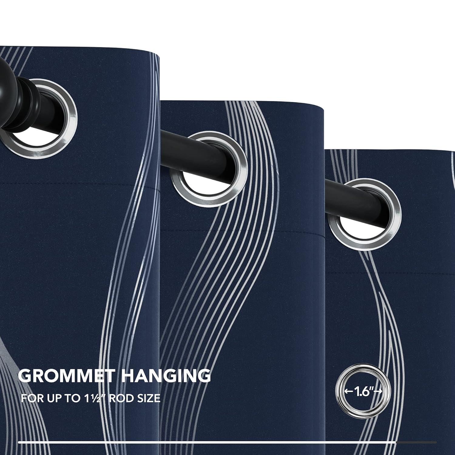Deconovo Grommet Wave Line Foil Printed Thermal Insulated Blackout Curtains for Children 2 Panels 52x84 inch Navy Blue