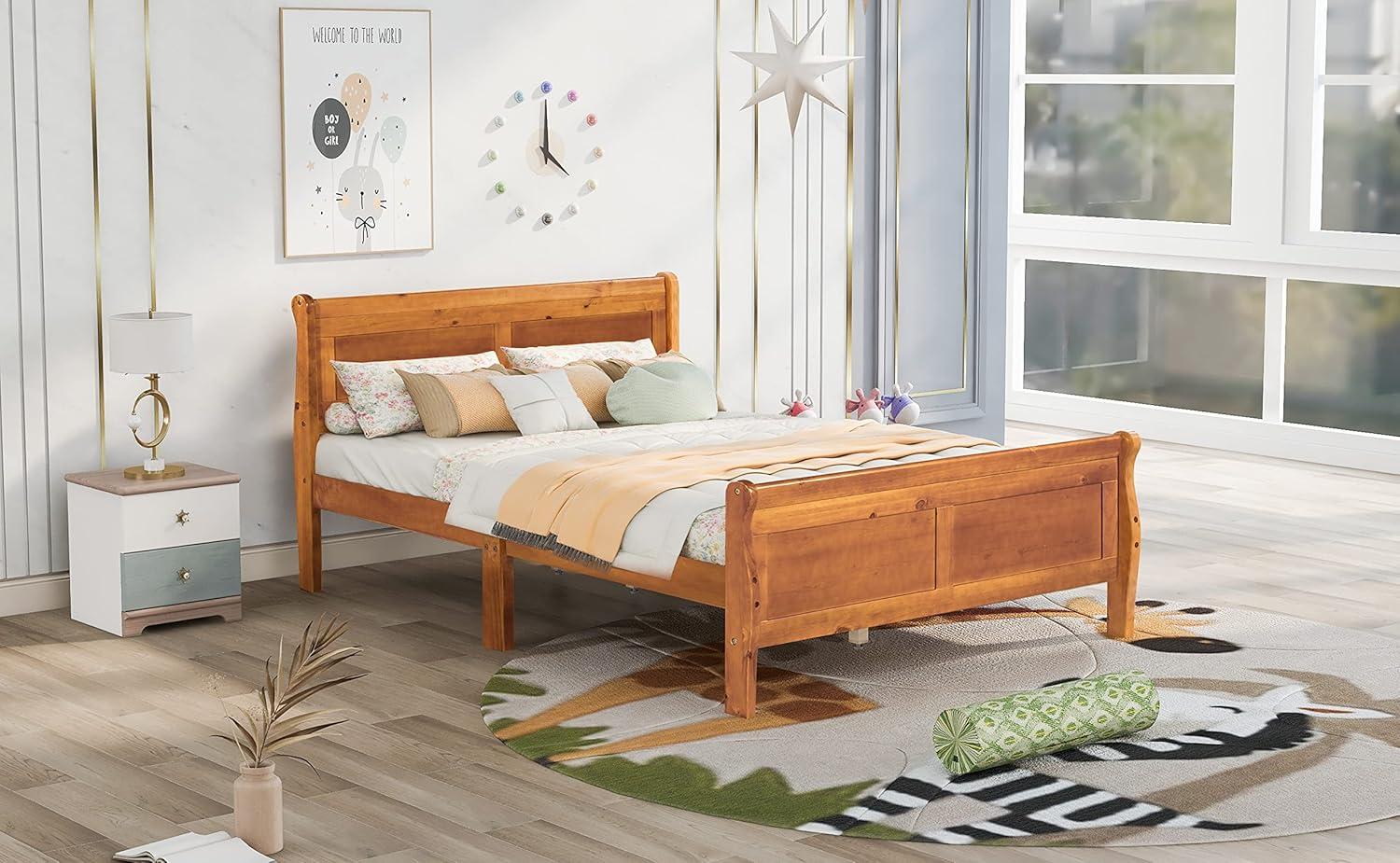 Full Size Pine Wood Platform Bed with Headboard and Slats