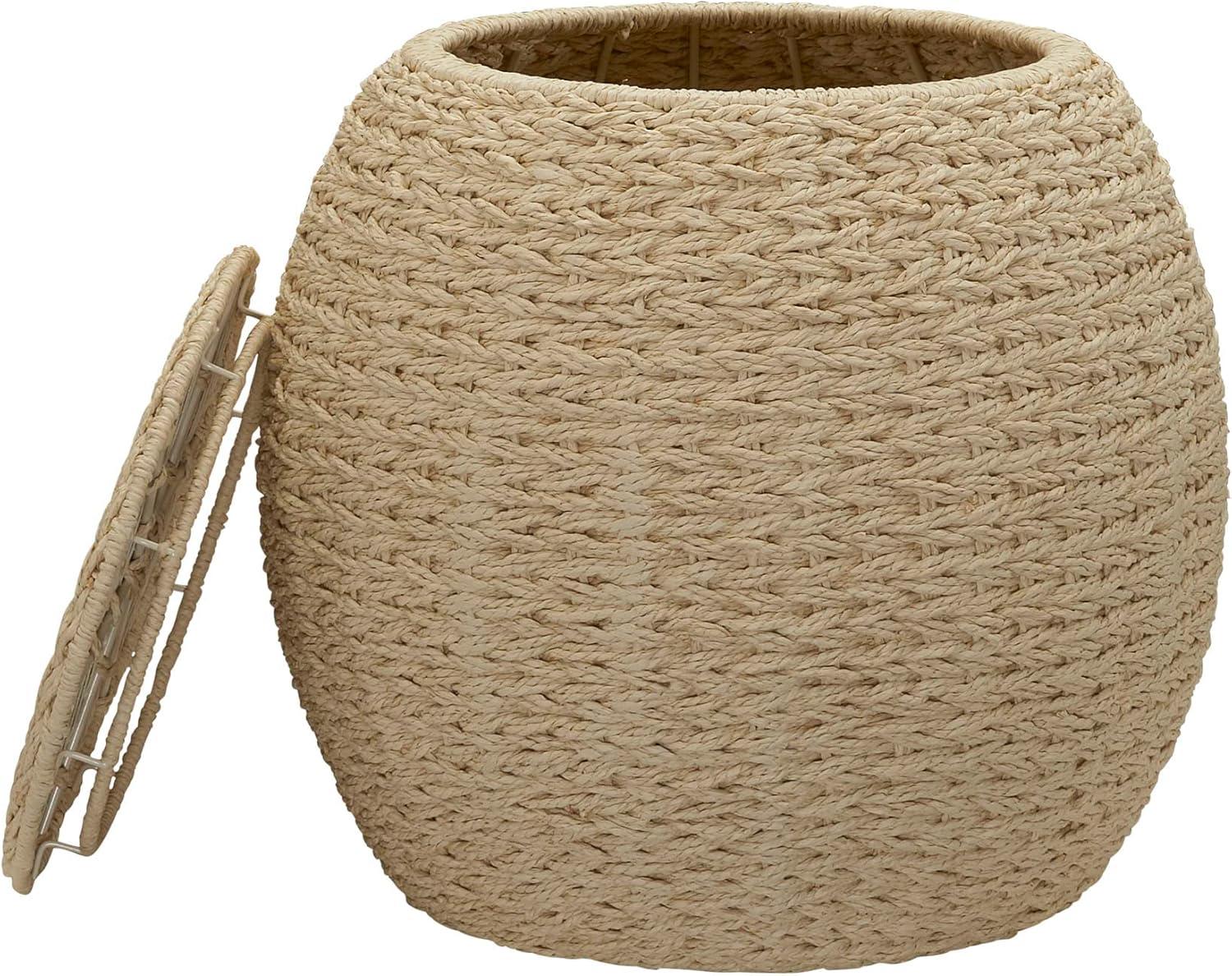 Household Essentials Barrel Basket Side Table, Hand-woven Resin Woven, Sturdy Metal Frame, Weather Resistant, Easy to Clean, Multipurpose, Great for Indoor and Outdoor Use, Cream