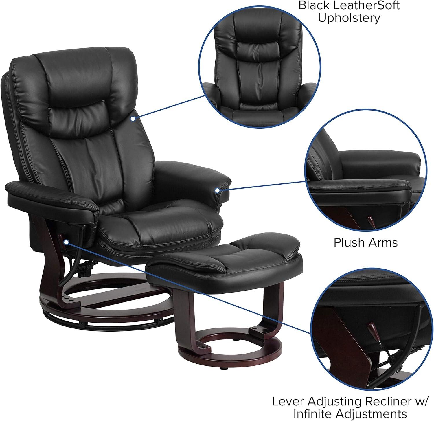 Flash Furniture Contemporary Multi-Position Recliner and Curved Ottoman with Swivel Mahogany Wood Base in Black LeatherSoft