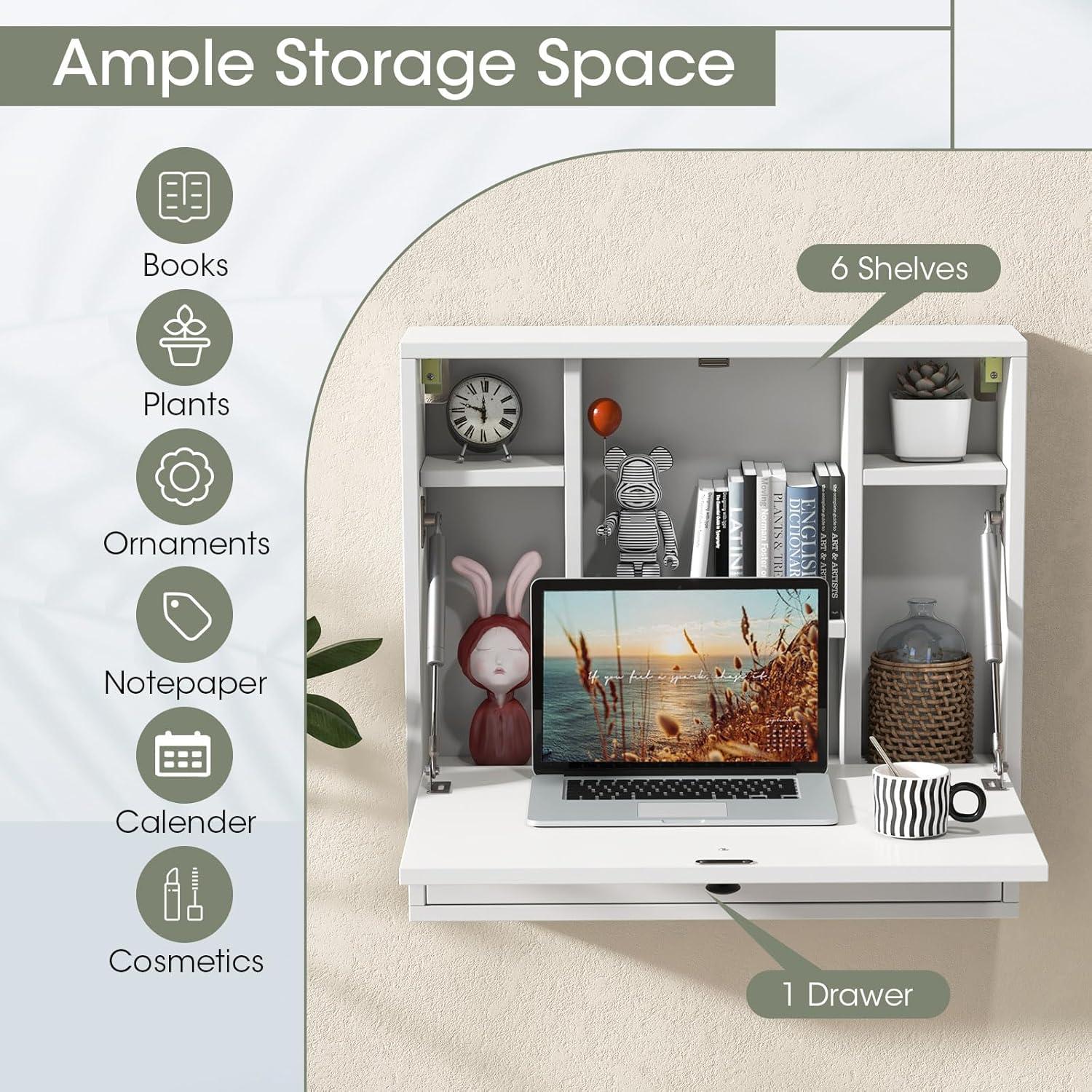 Tangkula Folding Wall Table - Floating Desk with Storage Drawer & Shelves (White)