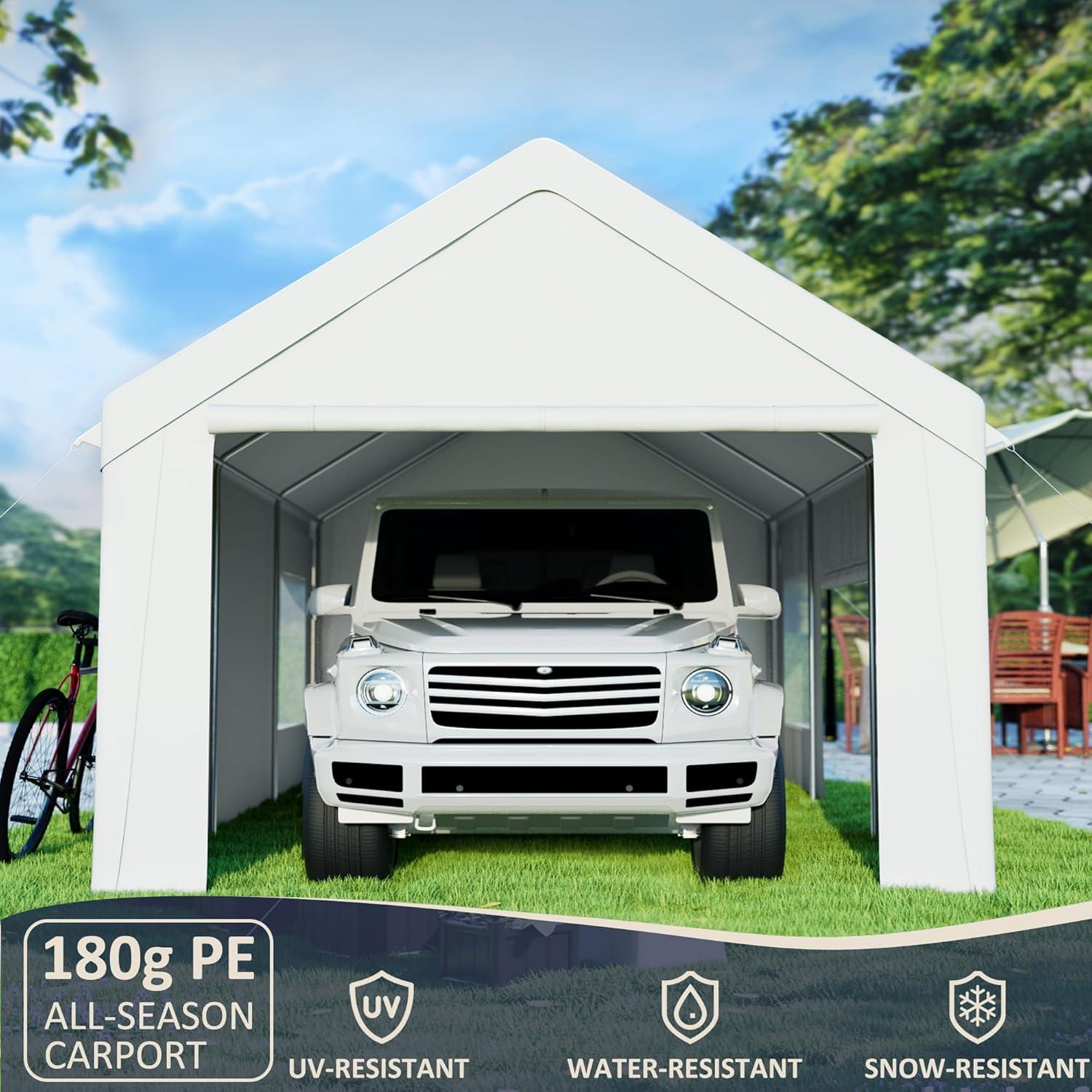 12' x 20' White Portable Metal Frame Carport with Windows