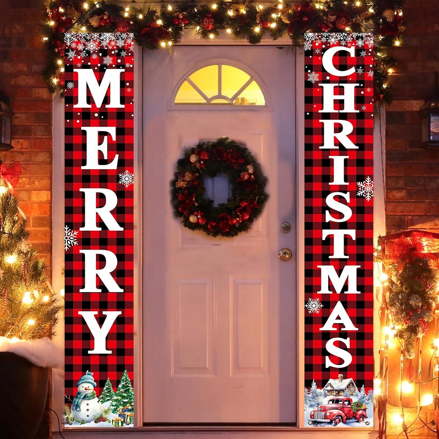 Christmas Decorations Outdoor Yard Front Porch Sign Set, Red Black Buffalo Plaid Door Banner, Hanging Merry Christmas Decorations for Home, Indoor Outdoor Xmas Decor Wall Front Door Yard Garage