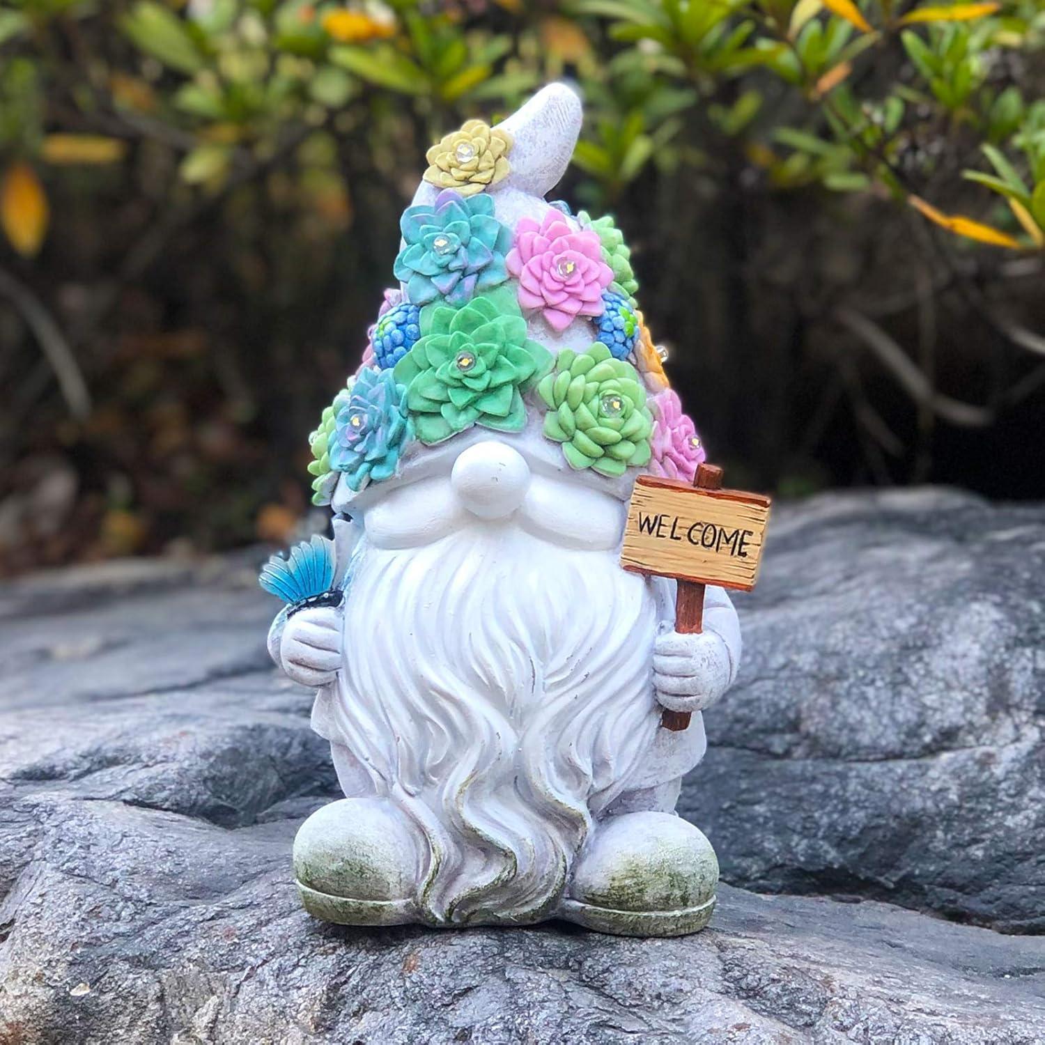 Solar Gnome Garden Statue with LED Lights and Welcome Sign