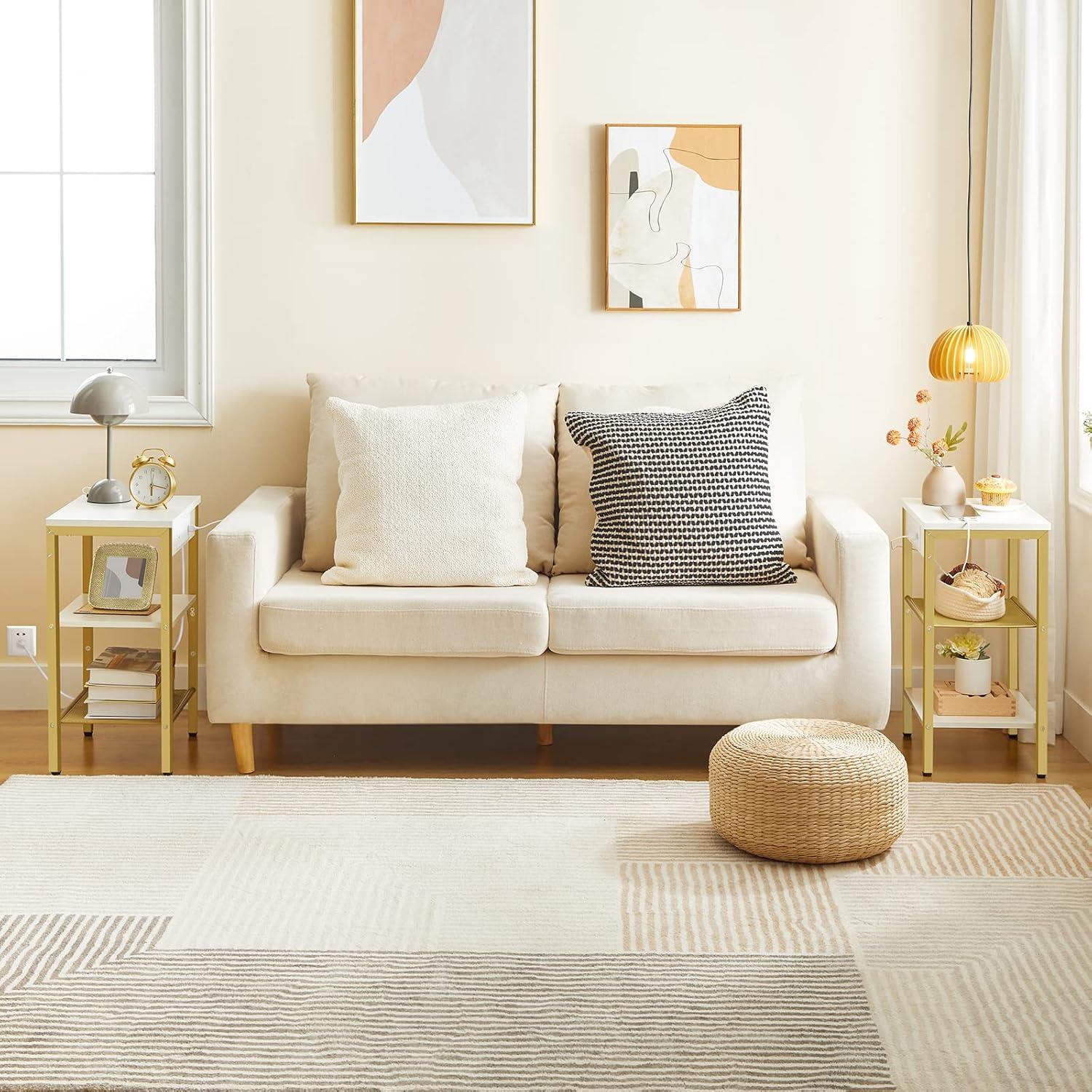 End Tables Set of 2 with Charging Station and USB Ports, 3-Tier Nightstands with Adjustable Shelves, Small Side Tables for Small Space in Living Room, Bedroom, White and Gold DW112BZP201G1