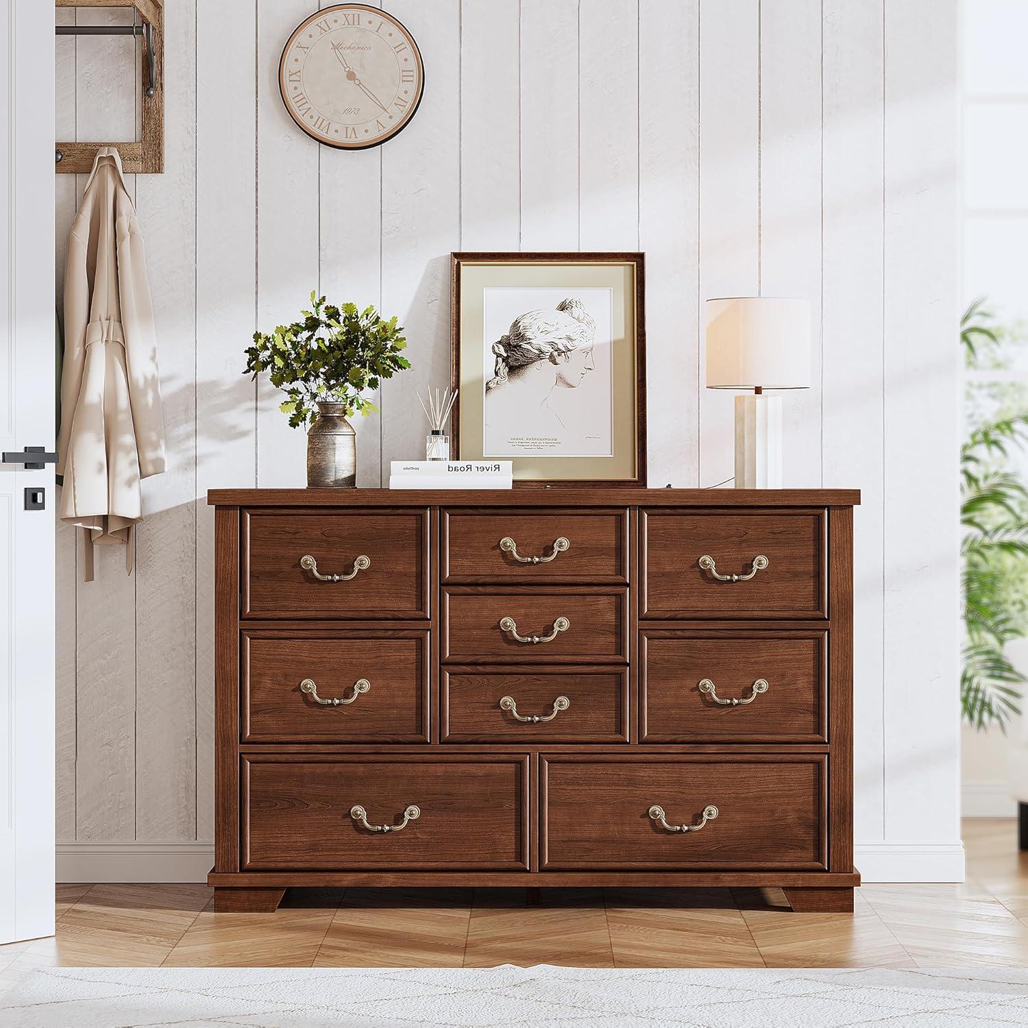 Antique Brown 9-Drawer Rustic Wood Dresser with Metal Handles