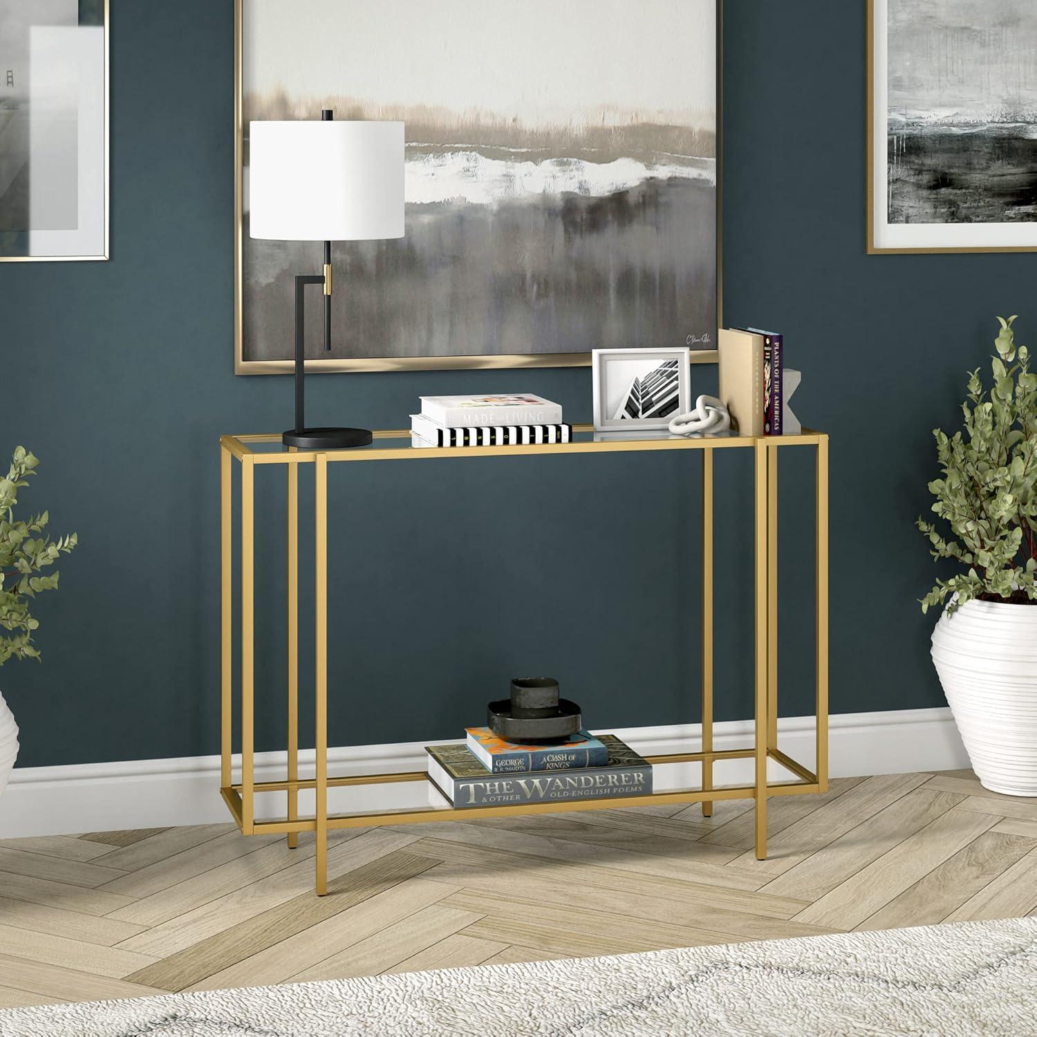 Brushed Brass and Glass Console Table with Storage Shelf