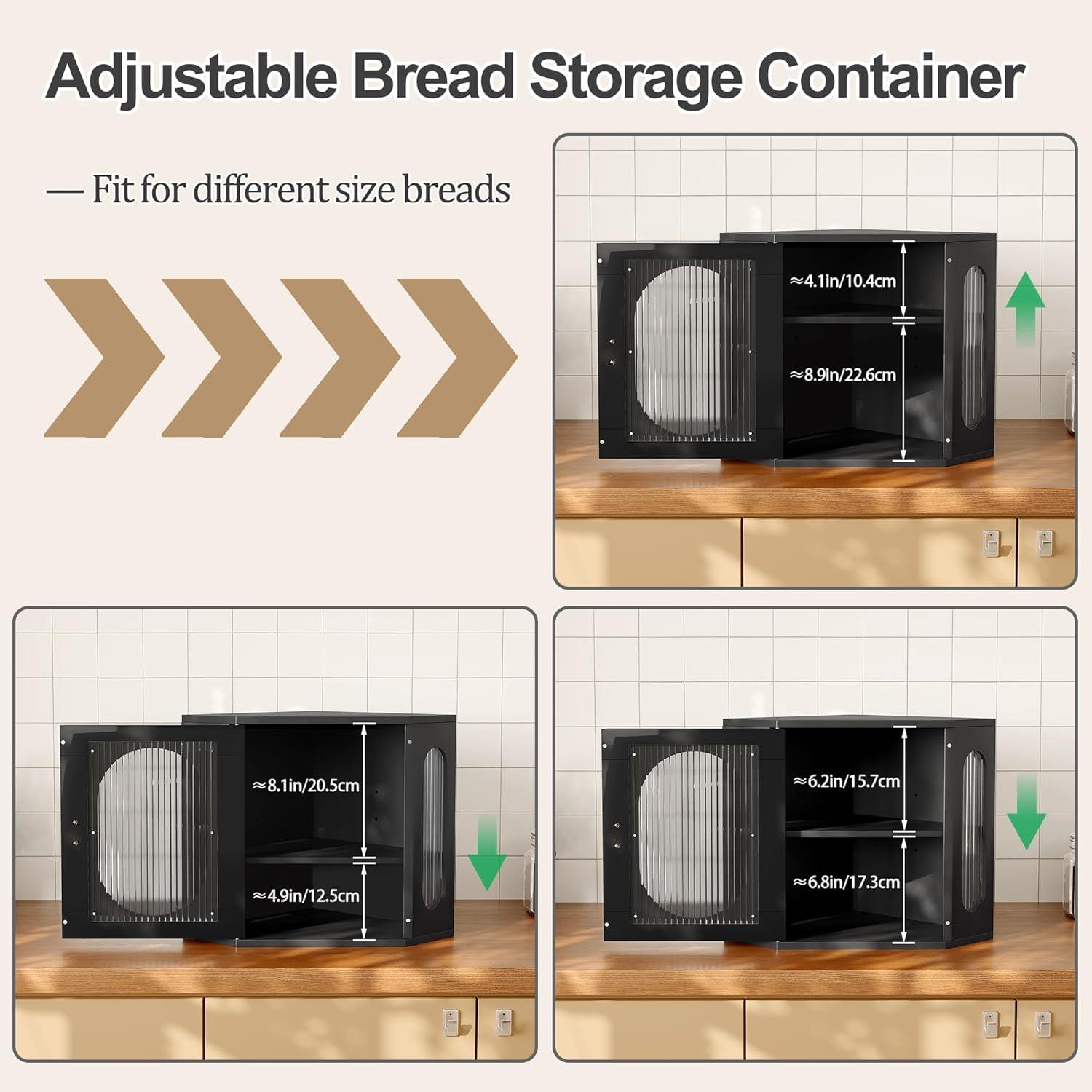 Hokku Designs Corner Bread Storage Container Double Layer Wooden Breadbox Homemade Bread Loaf Bin Farmhouse Coffee Bar Pantry Shelf With Acrylic Window, Black