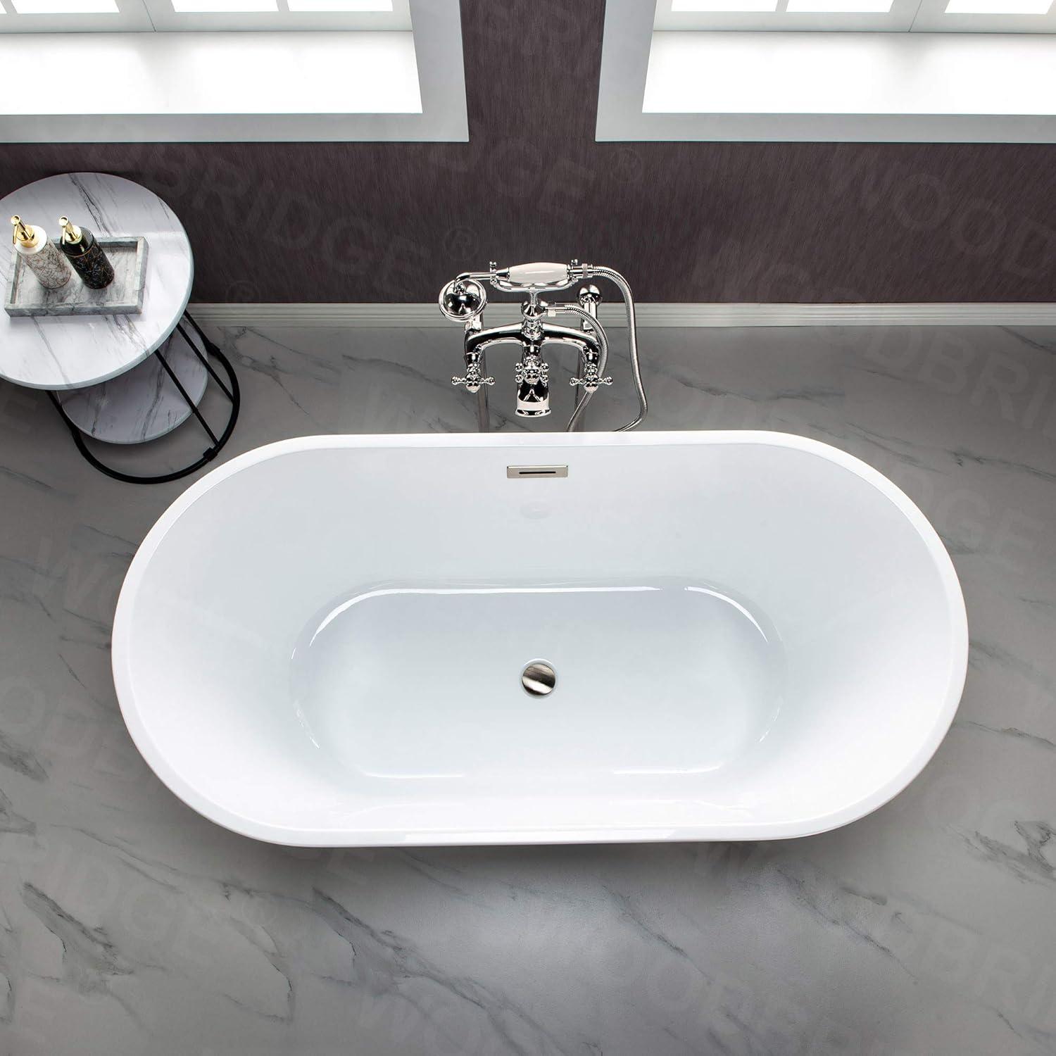 Woodbridge 59'' Freestanding White Acrylic Soaking Bathtub with Brushed Nickel Drain