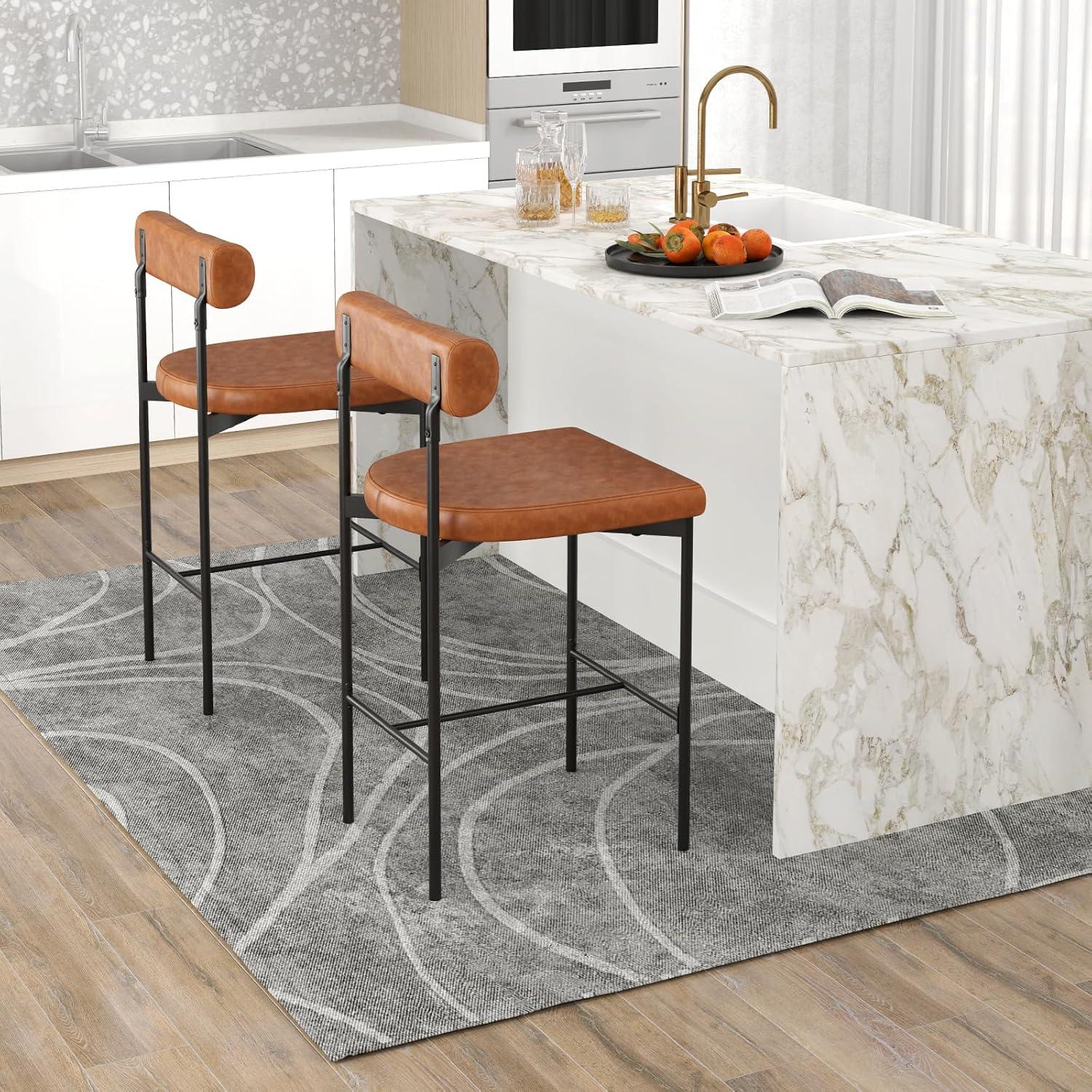 Brown Faux Leather and Metal Counter Stools, Set of 2
