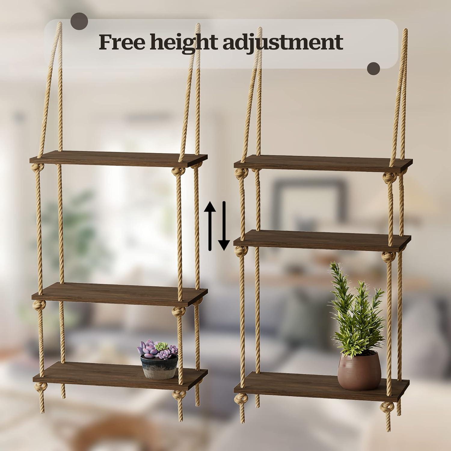 Bamboo and Rope 3-Tier Floating Wall Shelves