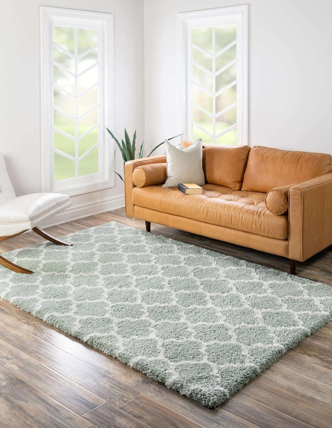 Ivory and Cyan Geometric Shag Indoor Area Rug