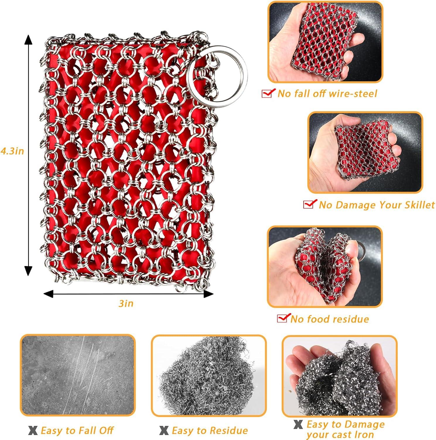 Red Silicone and Stainless Steel Chainmail Cast Iron Scrubber