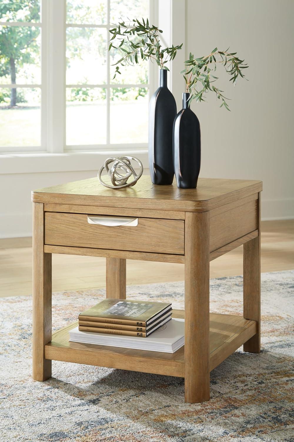 Light Brown Rectangular Wood End Table with Storage