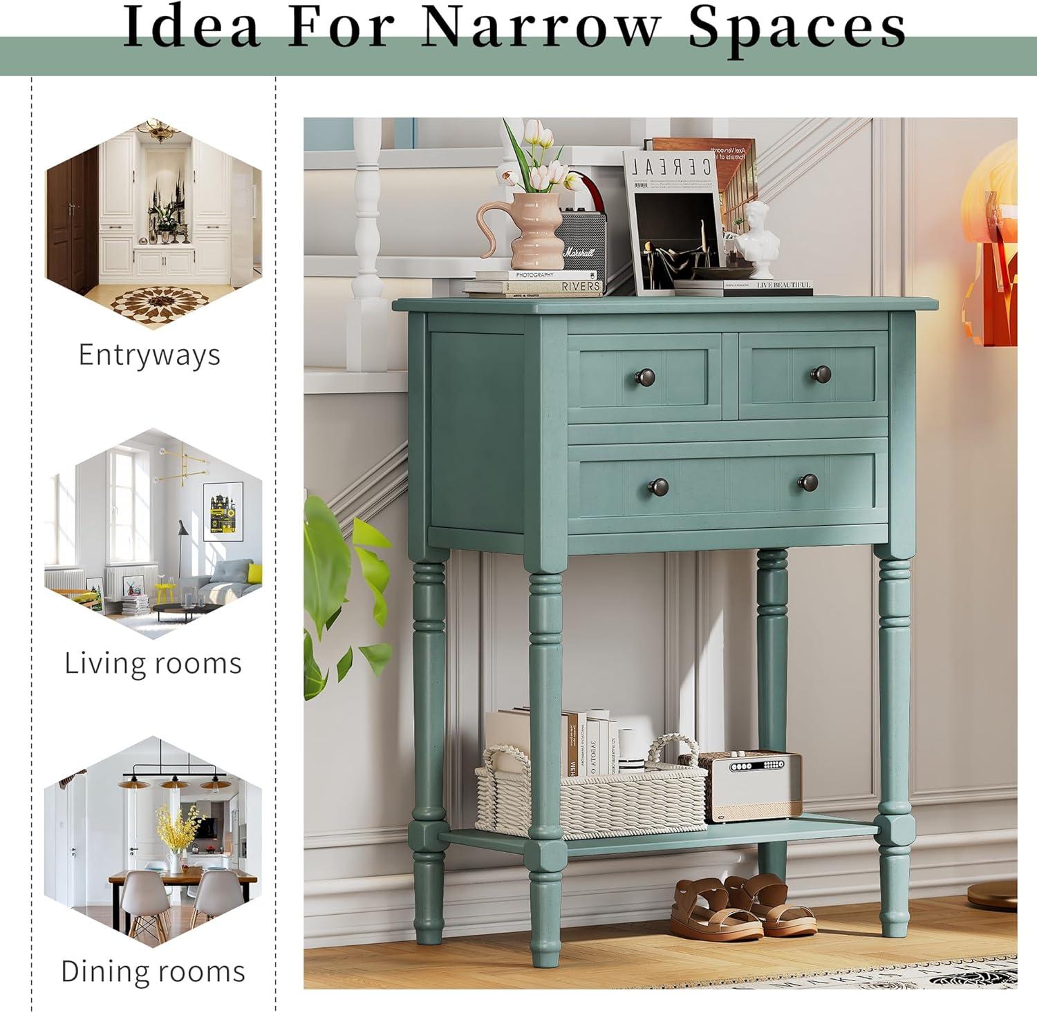 Churanty Narrow Console Table with Storage Drawers and Bottom Shelf for Entryway Living Room, Retro Console Table for Small Space, Light Blue