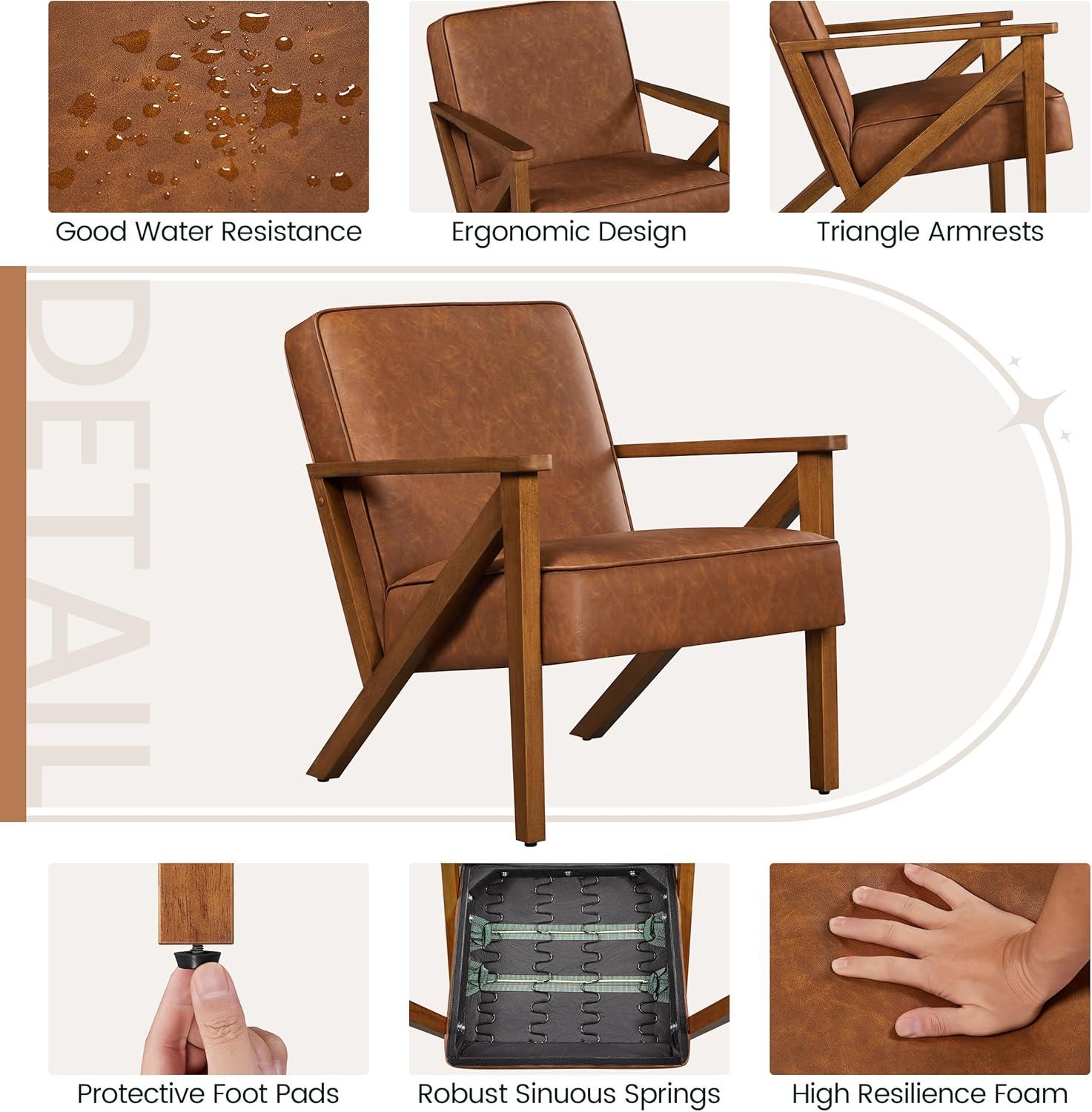 Yaheetech Faux Leather Armchair Accent Chair with Wood Legs for Living Room, Light Brown