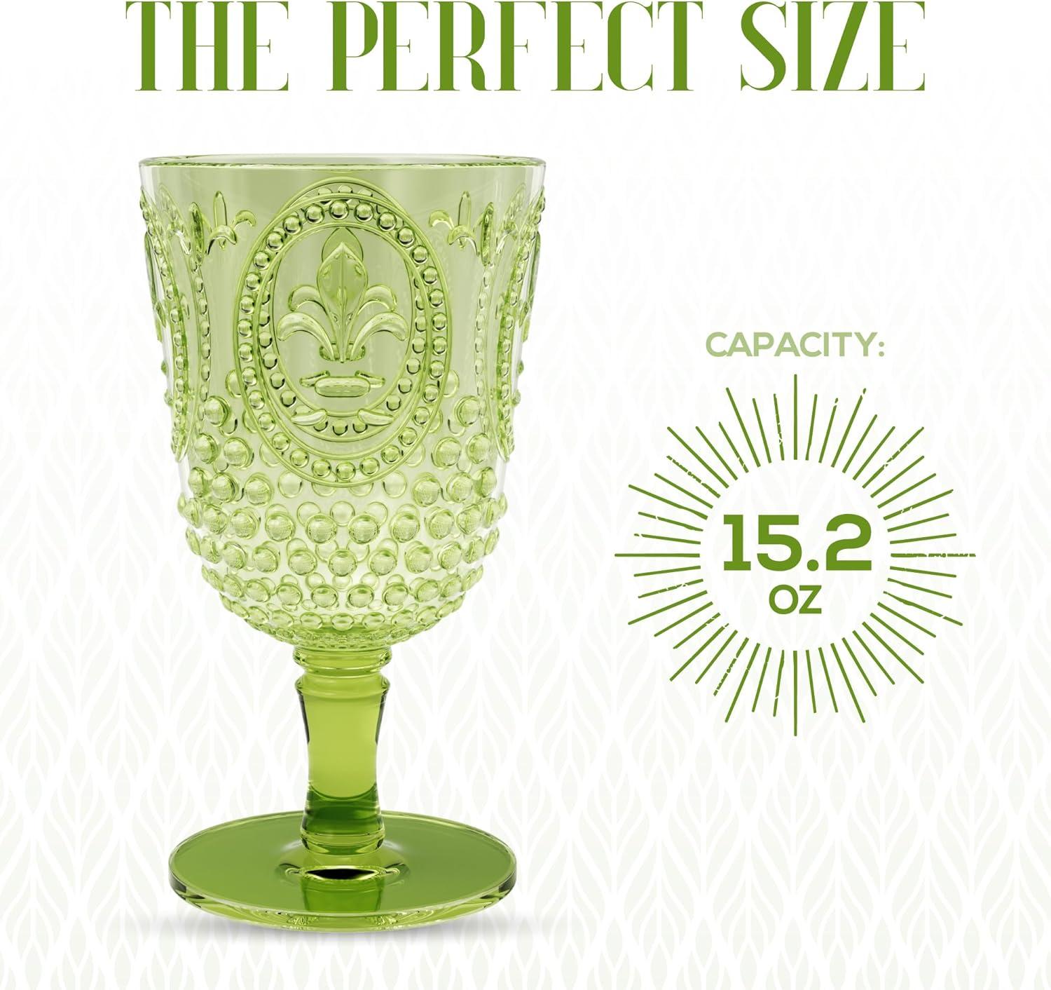 Green 15-Ounce Acrylic Fleur de Lis Wine Goblets, Set of 4