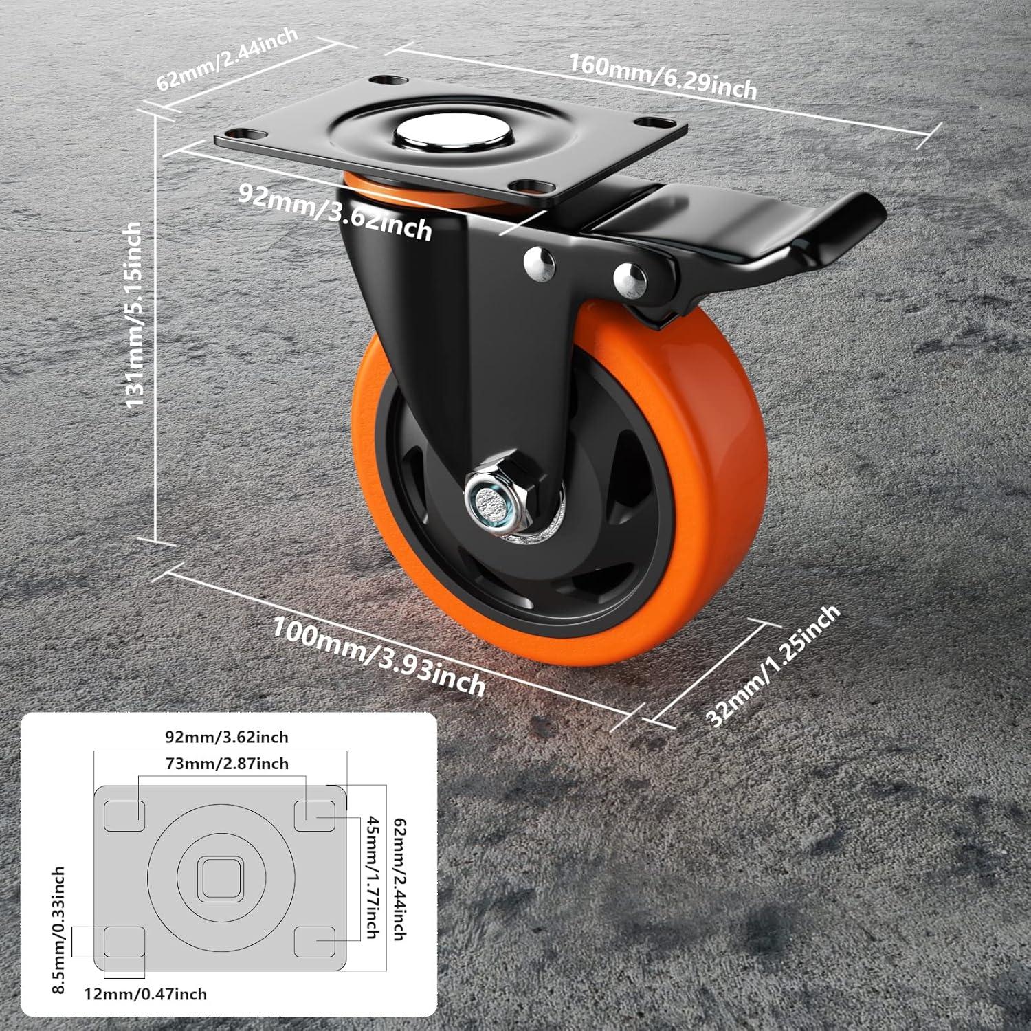 4 Inch Orange Polyurethane Heavy Duty Stem Caster Wheels with Dual Locking