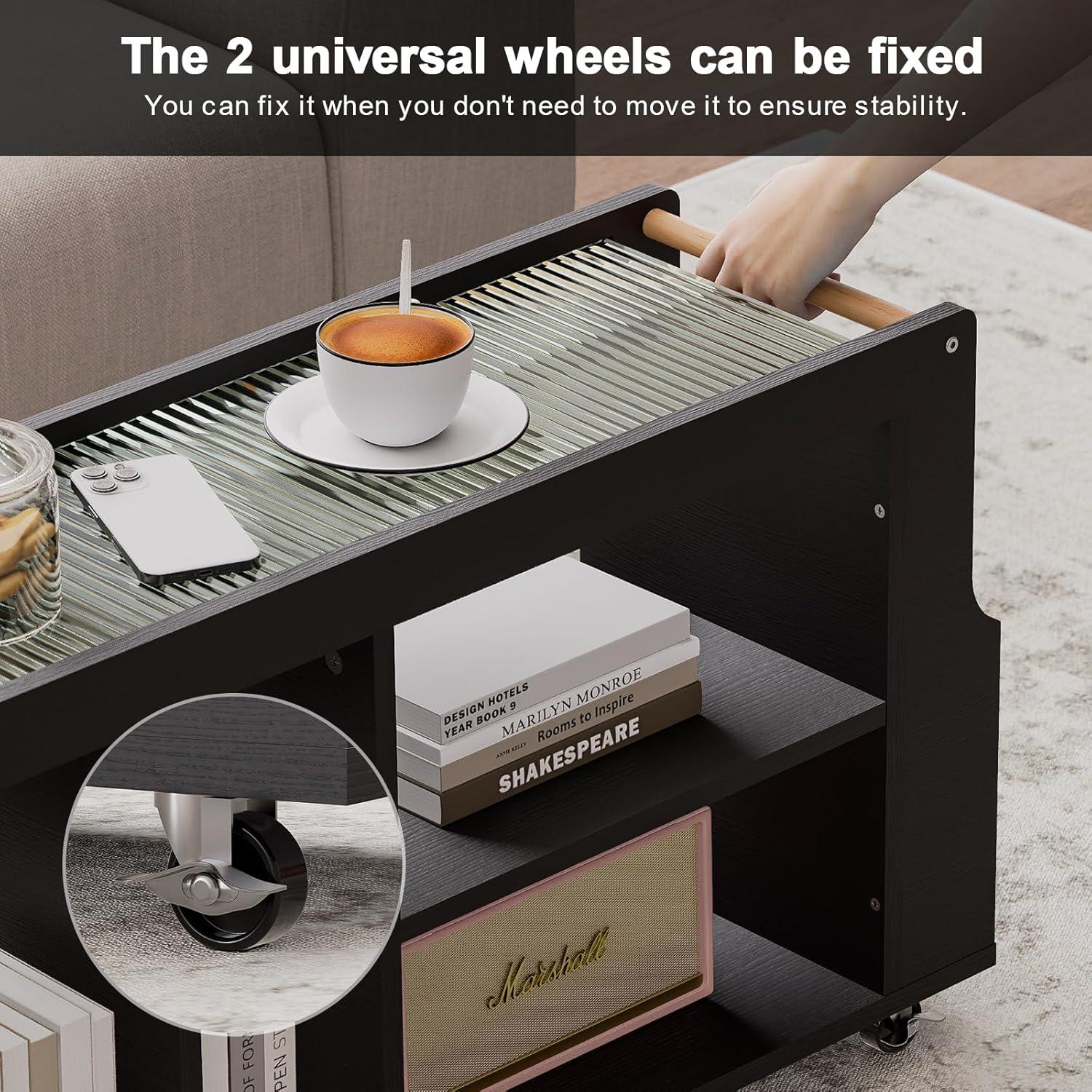 Narrow Side Table On Wheels For Small Space, Slim Side Table With Magazine Rack And Storage Space, Thin Nightstand For Living Room, Sofa, Bedroom