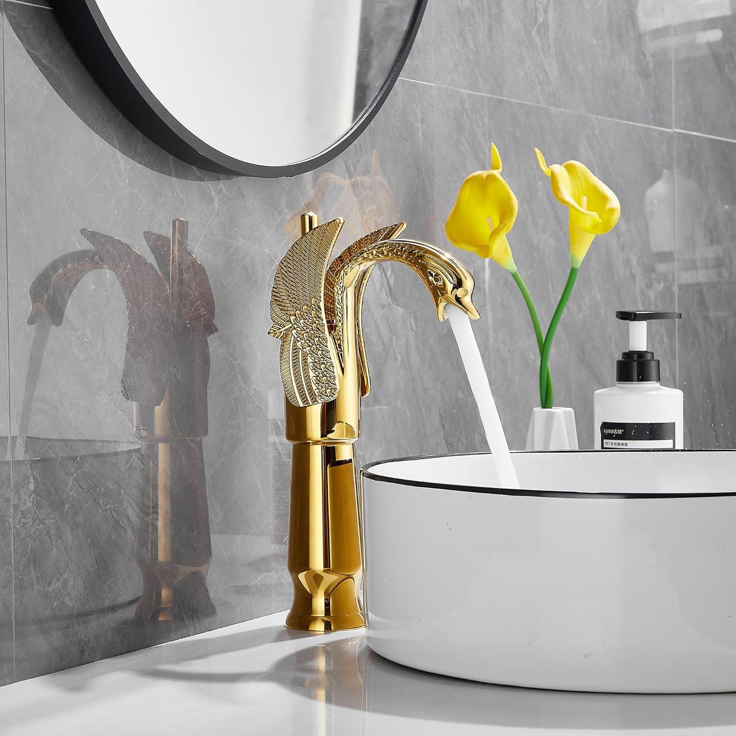 Gold Swan Shape Single Handle Deck Mount Faucet