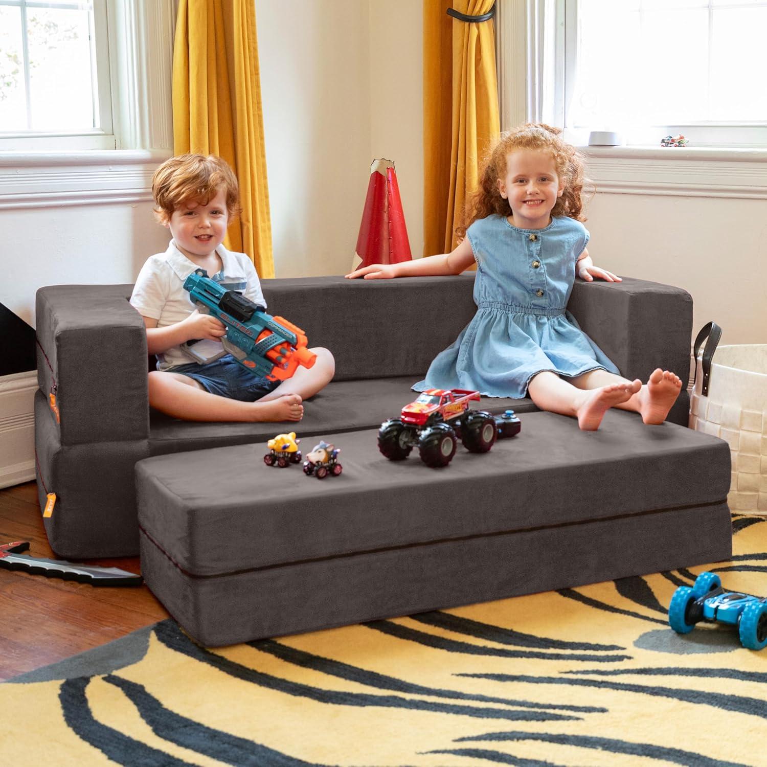Jaxx Zipline Kids Sofa & Large Ottoman, 3 in 1 Fold Out Sofa, Big Kids Edition, Charcoal