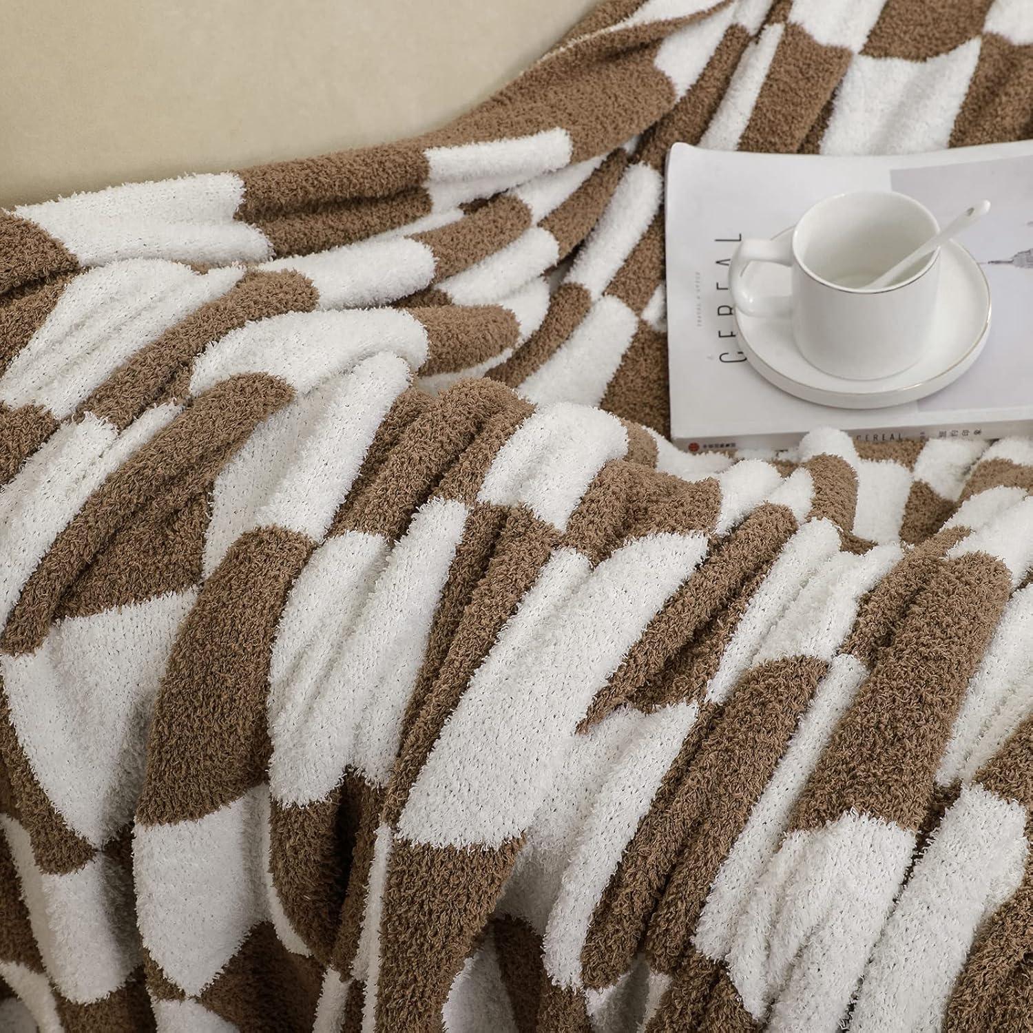 Mocha and White Knitted Checkerboard Throw Blanket