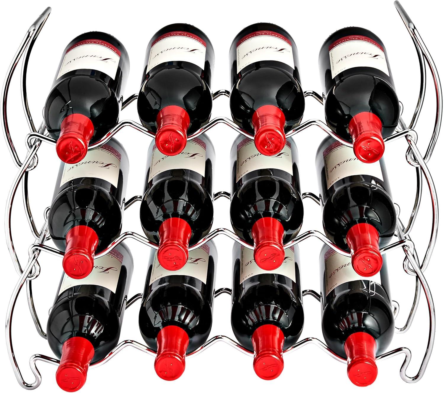 Silver 3-Tier Stackable Metal Wine Rack for 12 Bottles