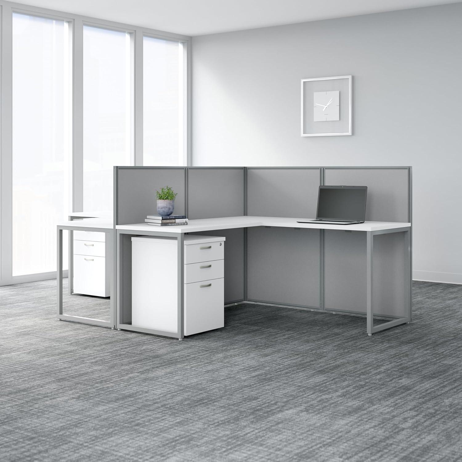 Pure White L-Shaped Office Cubicle Desk Set with Metal Frame