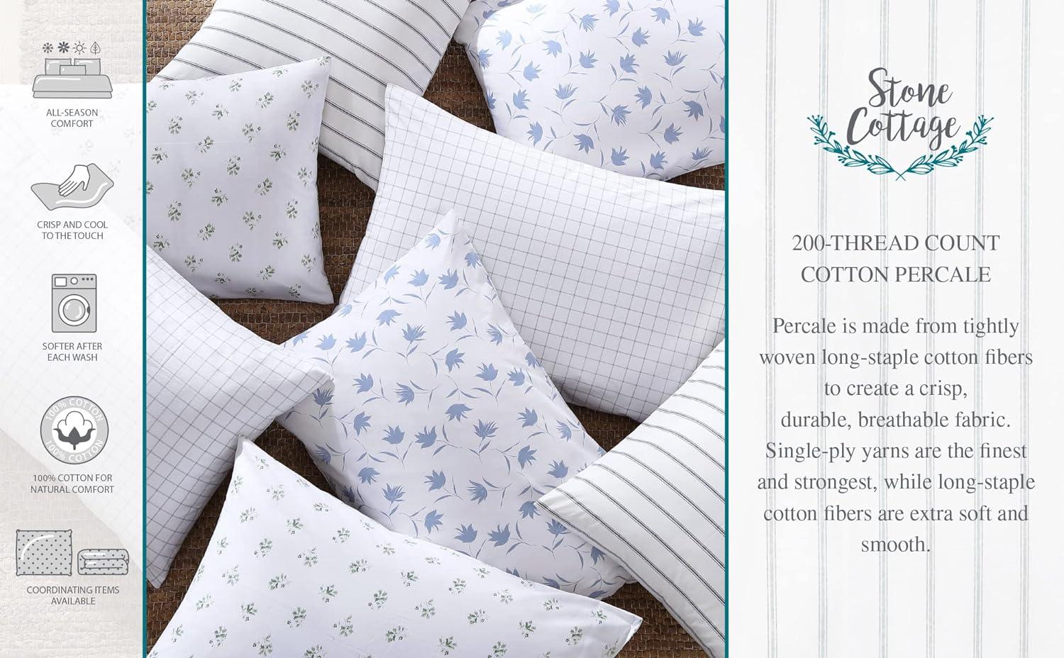 Blissful Blue Floral Cotton Percale Queen Sheet Set with Deep Pocket