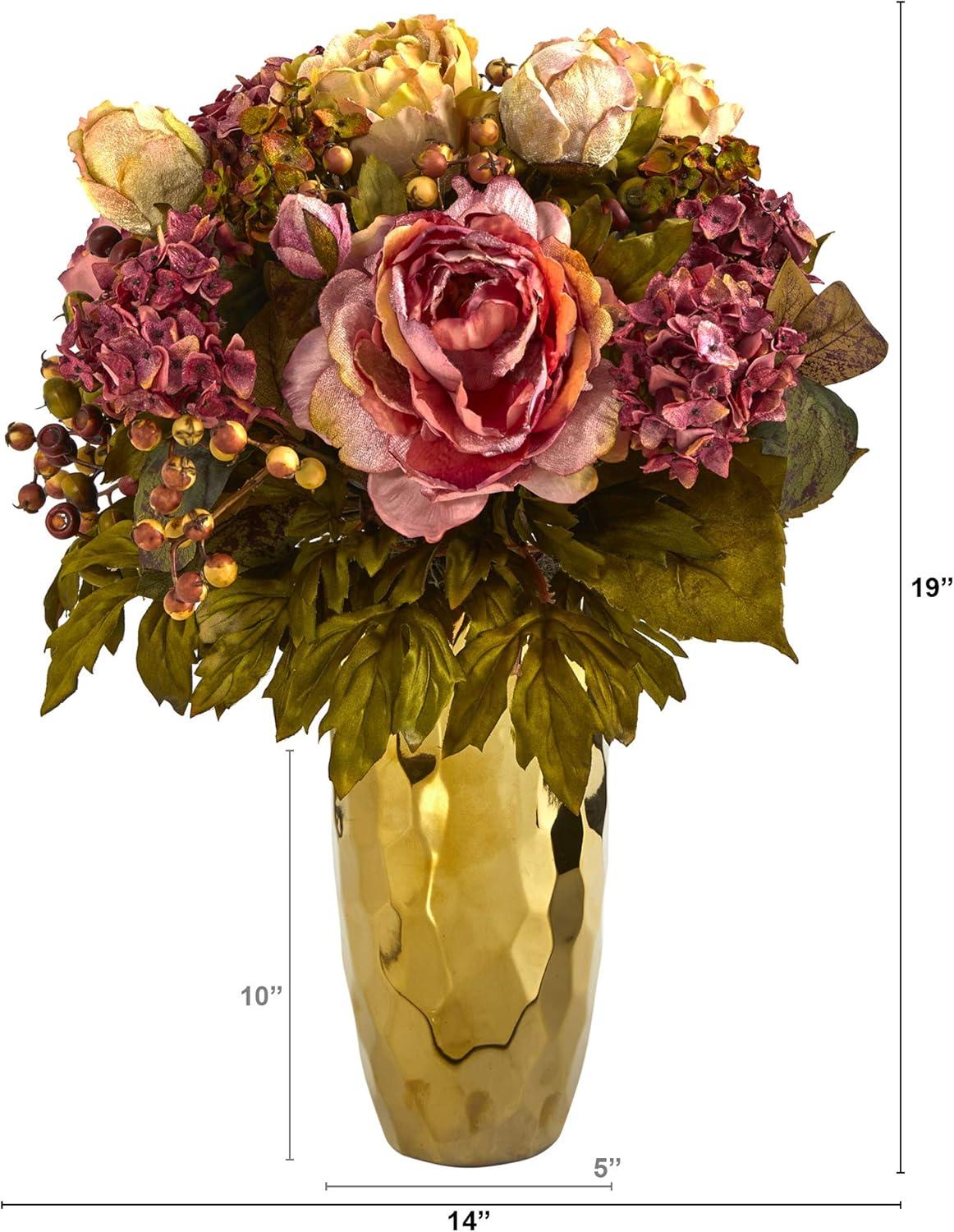 Nearly Natural  19 in. Peony Artificial Arrangement in Gold Vase