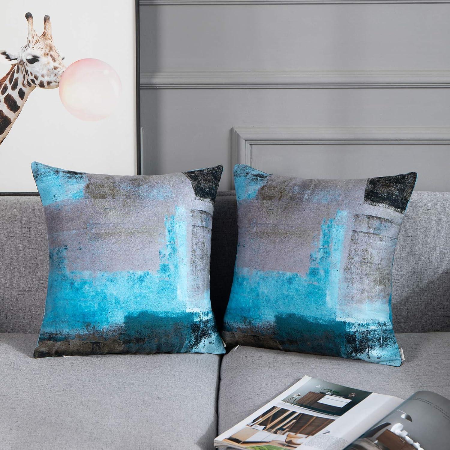Britimes Throw Pillow Covers Modern Home Art Decor, 18 x 18 Inches Set of 2 Pillow Cases Decorative, Abstract Oil Painting Pillowcases for Bedroom, Living Room, Cushion Couch Sofa, Teal Grey