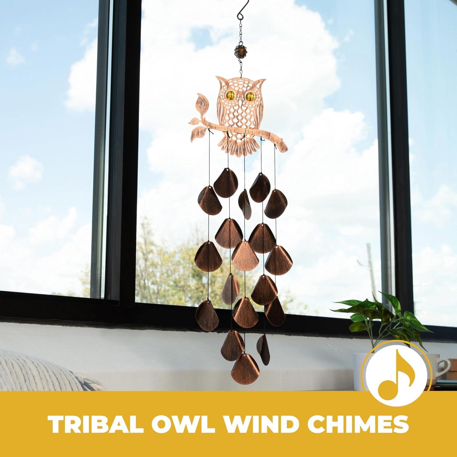 Dawhud Direct 30" H Rustic Copper Owl Wind Chimes - Garden Decoration