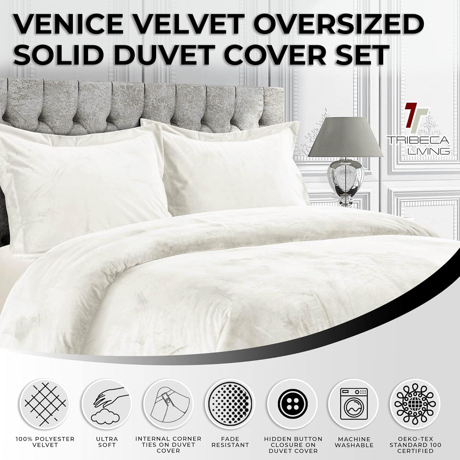 Tribeca Living 2pc Twin Venice Velvet Oversized Solid Duet Set Ivory: Luxurious Polyester, Reversible, OEKO-TEX Certified