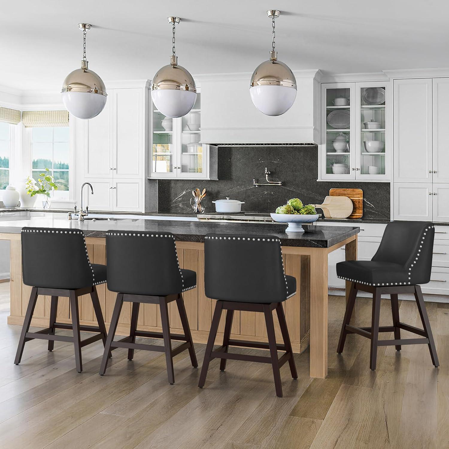 26 Inch Bar Stools Set of 2, Black Swivel Counter Stools with Back, Faux Leather Upholstered Barstools, Solid Wood Legs with Footrest, Modern Bar Stool for Kitchen Island, Dining Room, Pub