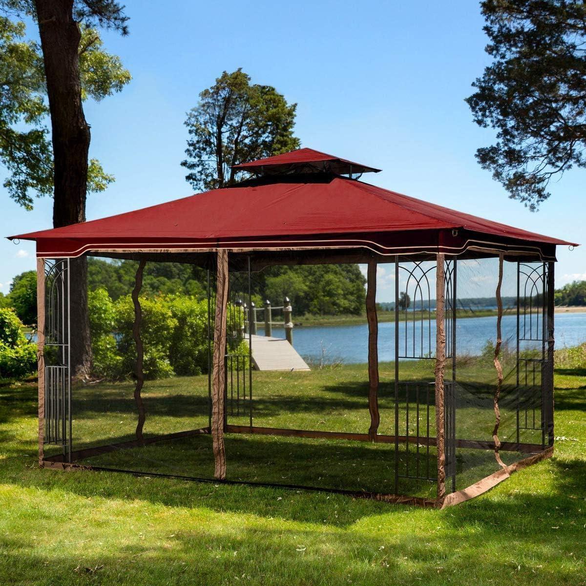 Maroon Metal Frame Square Pergola with Mosquito Netting