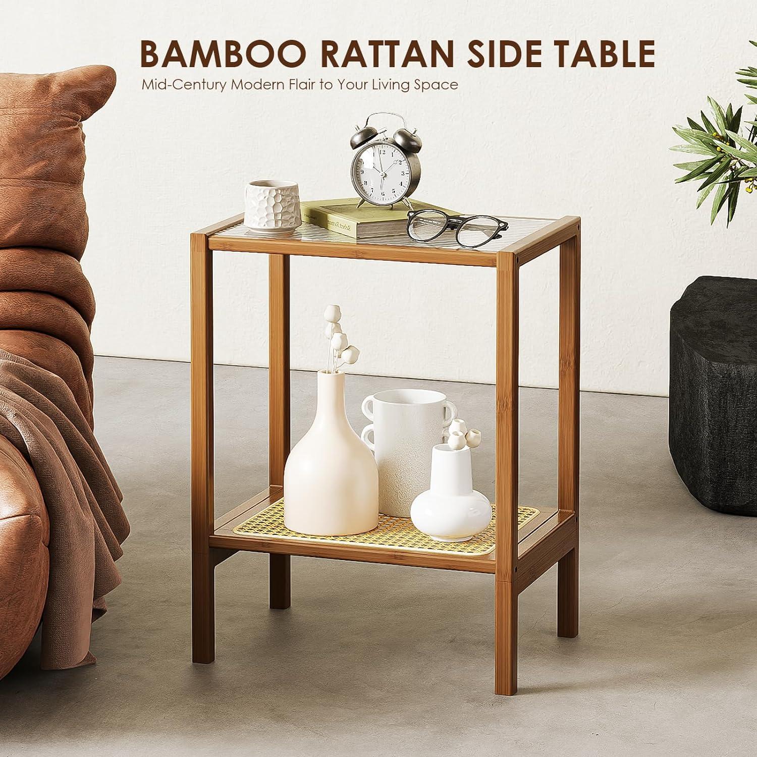 Bamboo and Glass 2-Tier Rattan Side Table