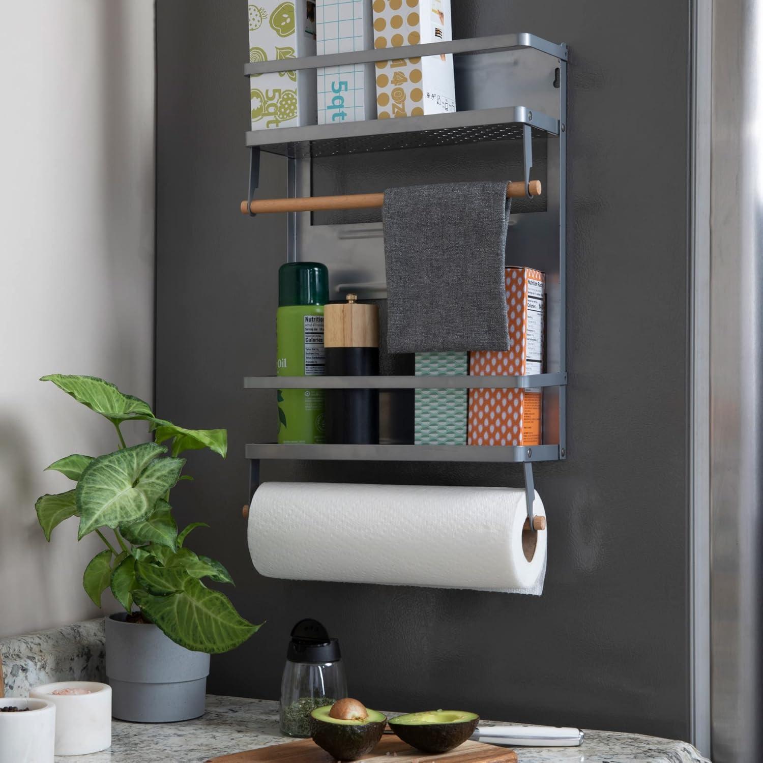 Gray Metal Magnetic Organizer with Wooden Paper Towel Holders