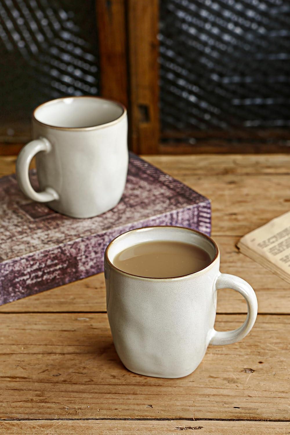 FAST APPLIANCES LLC Coffee Mugs Set Of 4, Ocean Square 13Oz Coffee Cup Set With Handle For Cocoa, Milk, Hot Chocolate, Tea, Water, Stoneware Cups For Kitchen, Microwave And Dishwasher Safe, Vanilla White