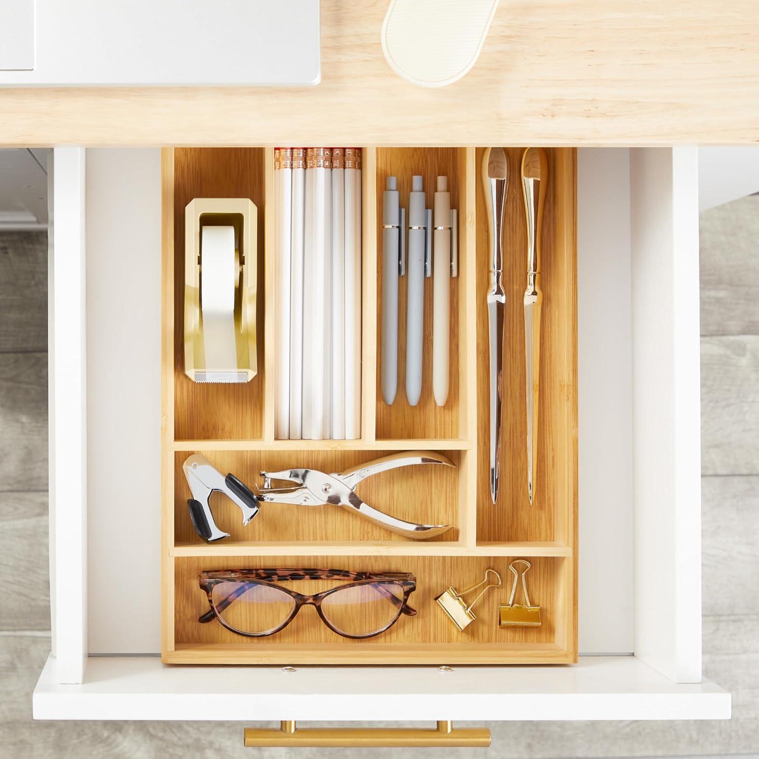 Bamboo Silverware Drawer Organizer with 6 Slots, Wooden Cutlery Tray Holder for Kitchen, Flatware, Utensils, 14.5 x 10.25 x 1.75 In
