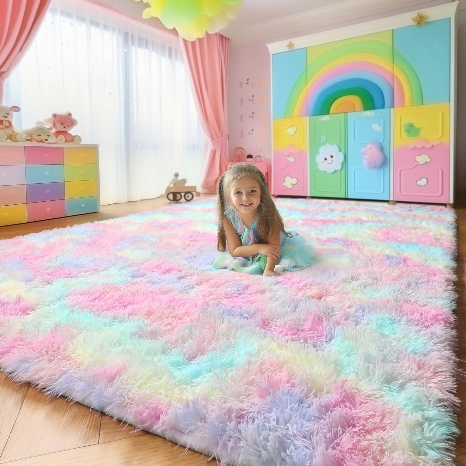 Amdrebio Rainbow Unicorn Colorful Kids Rugs for Girls Bedroom, 8x10 Fluffy Shag Area Rugs for Playroom Classroom, Large Pastel Room Decor Aesthetic, Cute Fuzzy Kawaii Princess Carpet for Baby Toddler